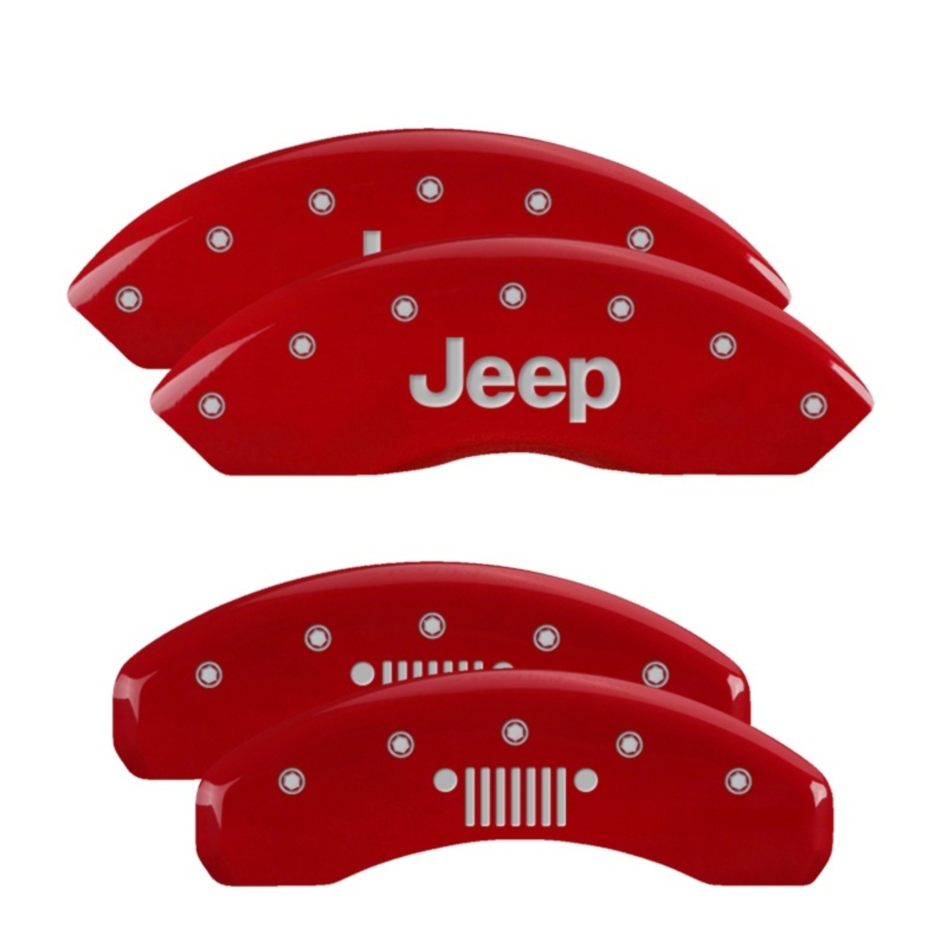 Picture of MGP 4 Caliper Covers Engraved Front JEEP Engraved Rear JEEP Grill logo Red finish silver ch