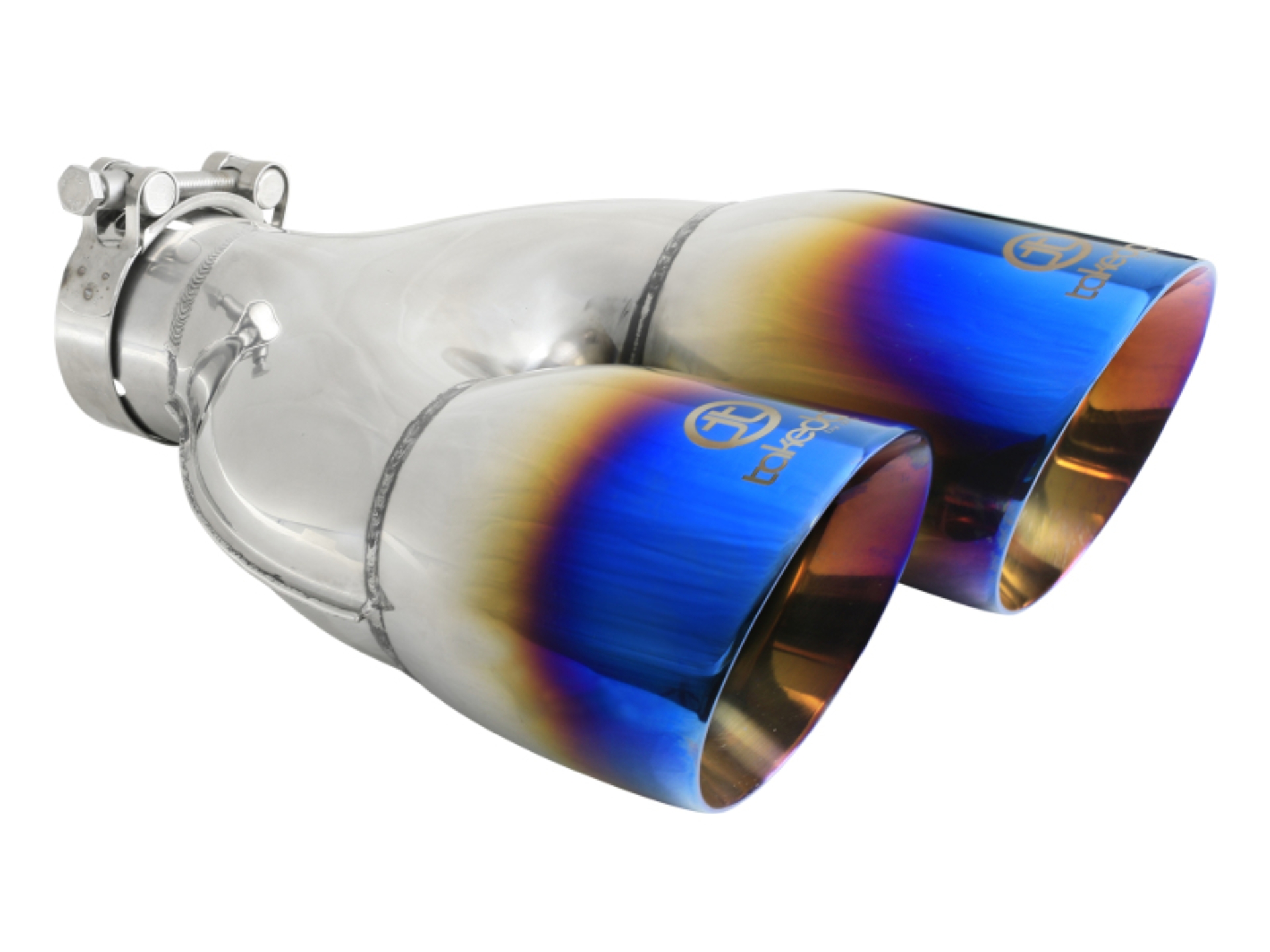 Picture of aFe Takeda 2.5in 304 Stainless Steel Clamp-on Exhaust Tip Driver Side 2.5in Inlet 4inDual-Blue Flame