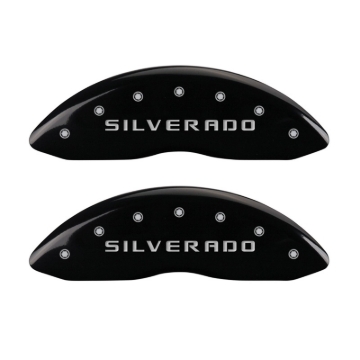 Picture of MGP Front set 2 Caliper Covers Engraved Front Silverado Black finish silver ch