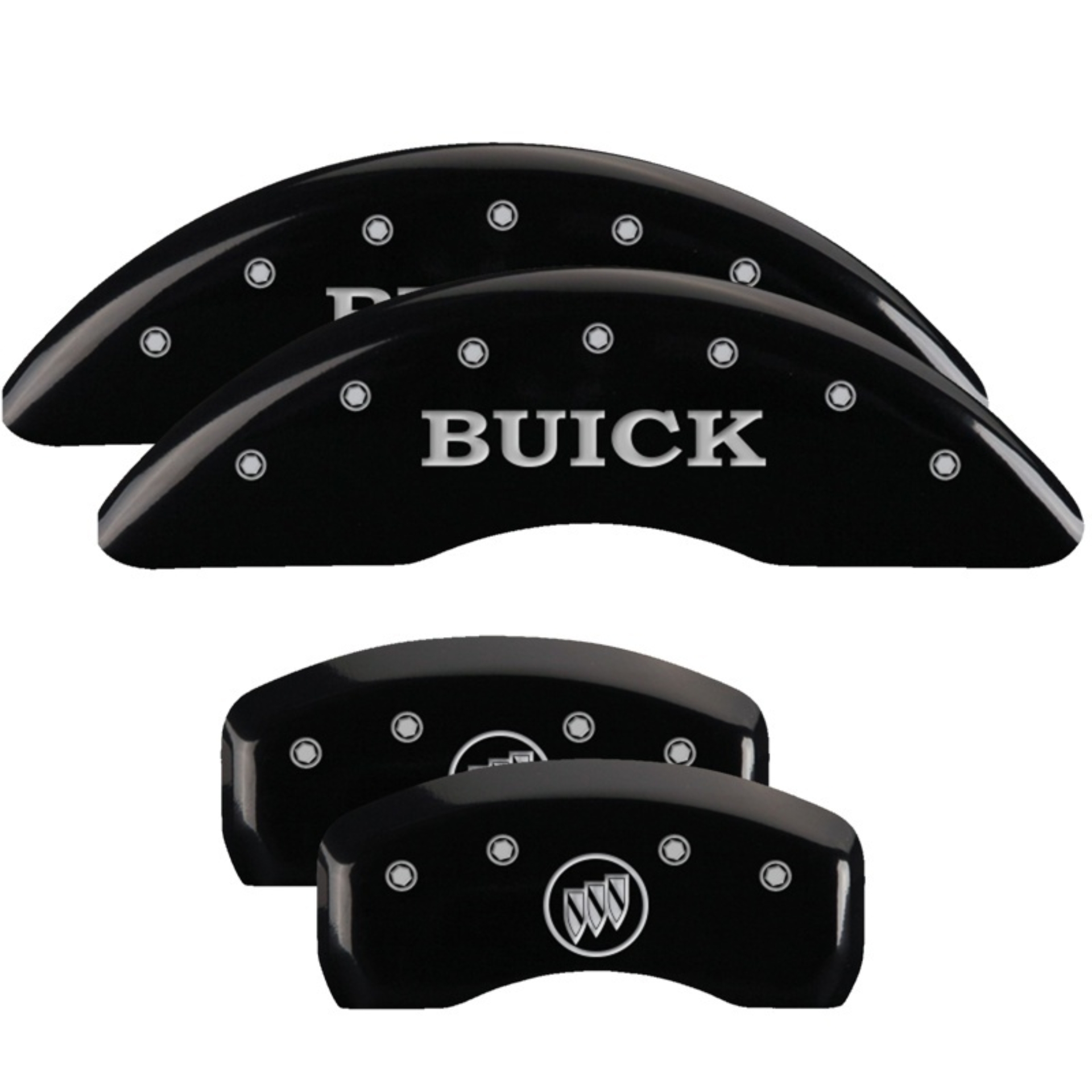 Picture of MGP 4 Caliper Covers Engraved Front Buick Engraved Rear Buick Shield Black finish silver ch