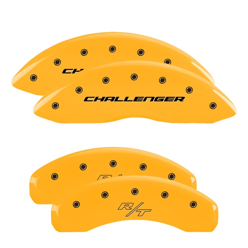 Picture of MGP 4 Caliper Covers Engrvd Front Block/Challenger Engrvd Rear Vintage Style/RT Yellow fnsh Blk ch