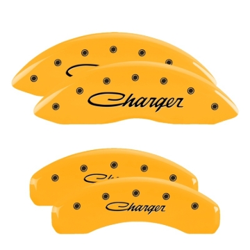 Picture of MGP 4 Caliper Covers Engraved Front & Rear Cursive/Charger Yellow finish black ch