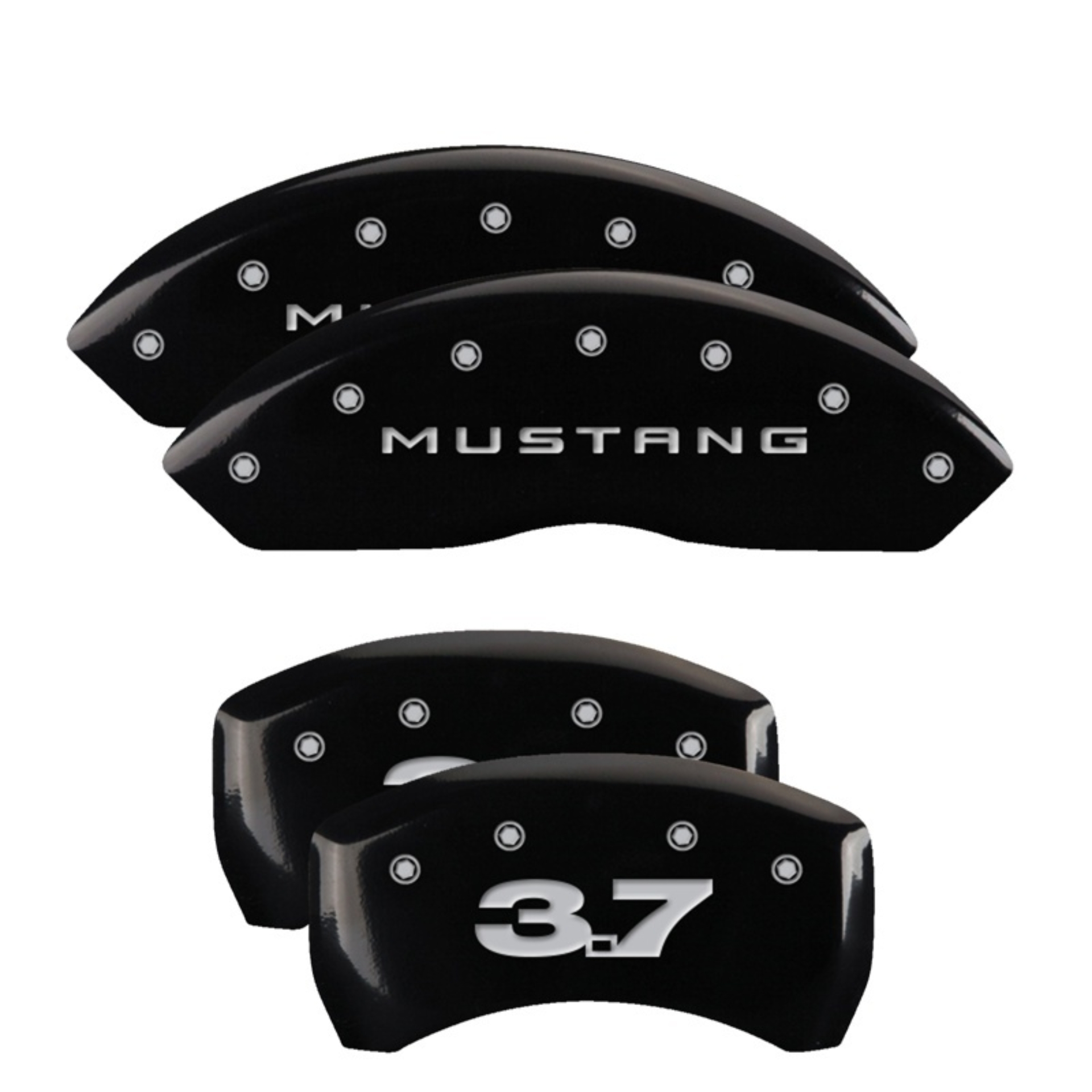 Picture of MGP 4 Caliper Covers Engraved Front Mustang Engraved Rear 37 Black finish silver ch