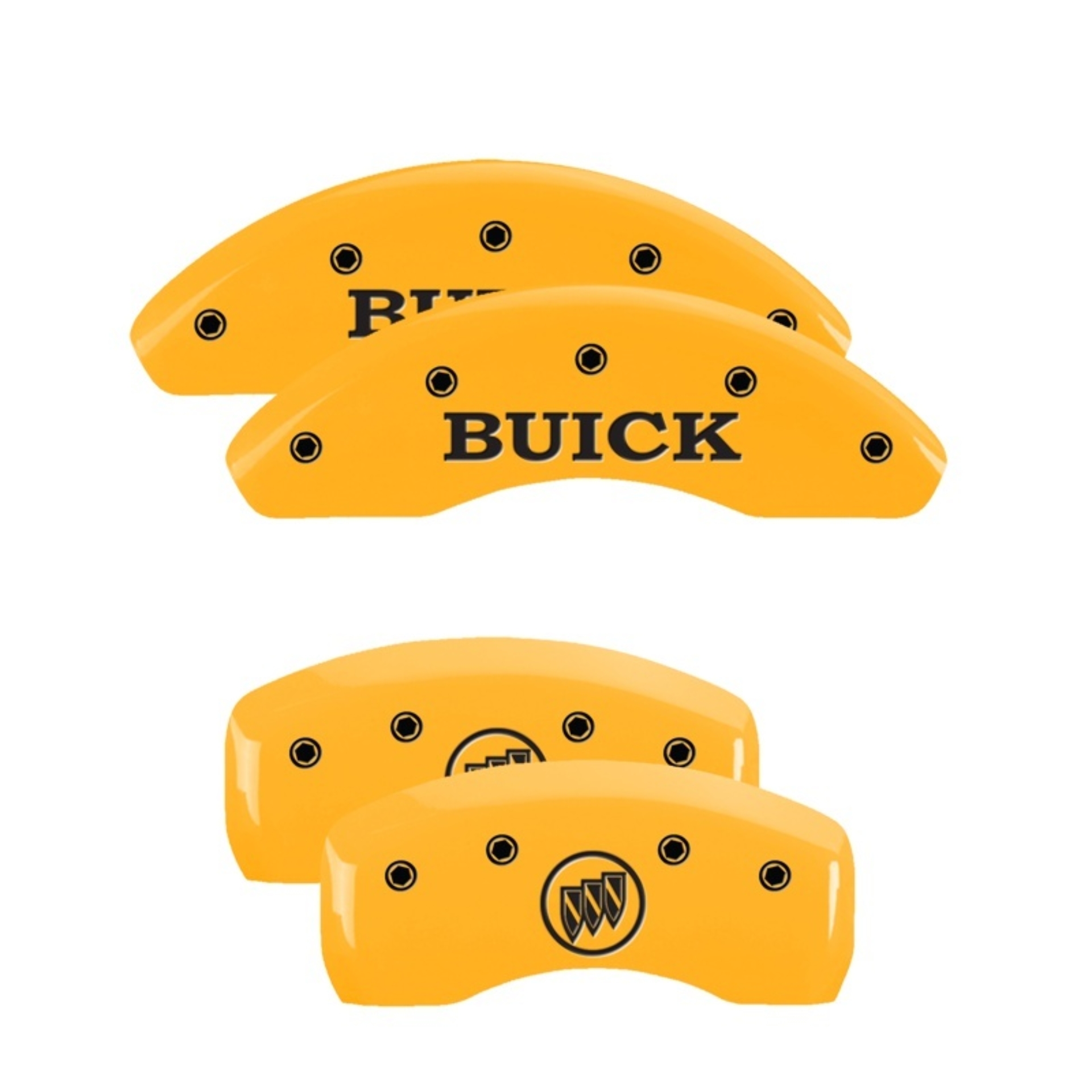 Picture of MGP 4 Caliper Covers Engraved Front Buick Engraved Rear Buick Shield Yellow finish black ch
