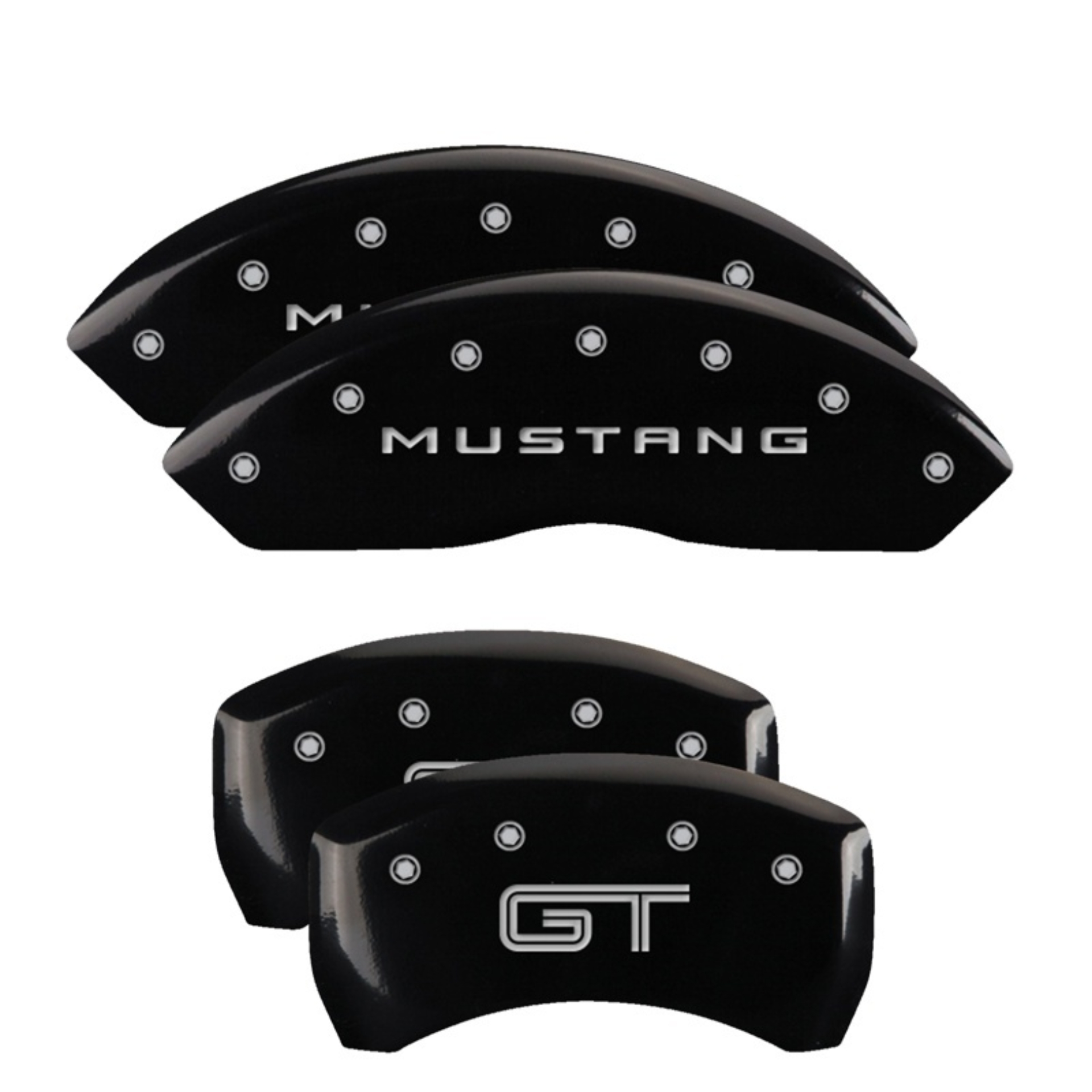 Picture of MGP 4 Caliper Covers Engraved Front Mustang Engraved Rear GT Black finish silver ch