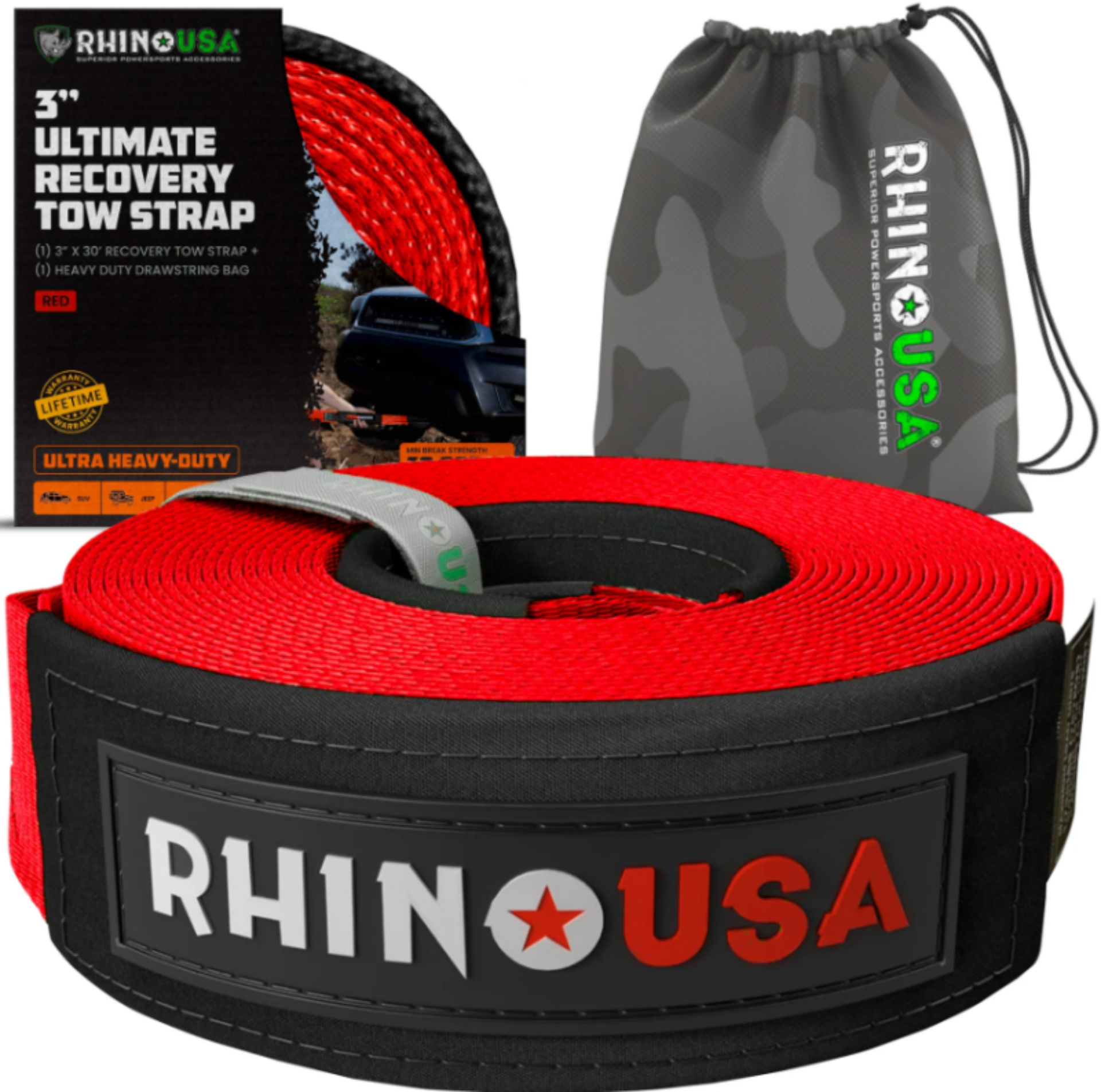 Picture of Rhino USA Ultimate Recovery Tow Strap 3In X 20Ft - Red