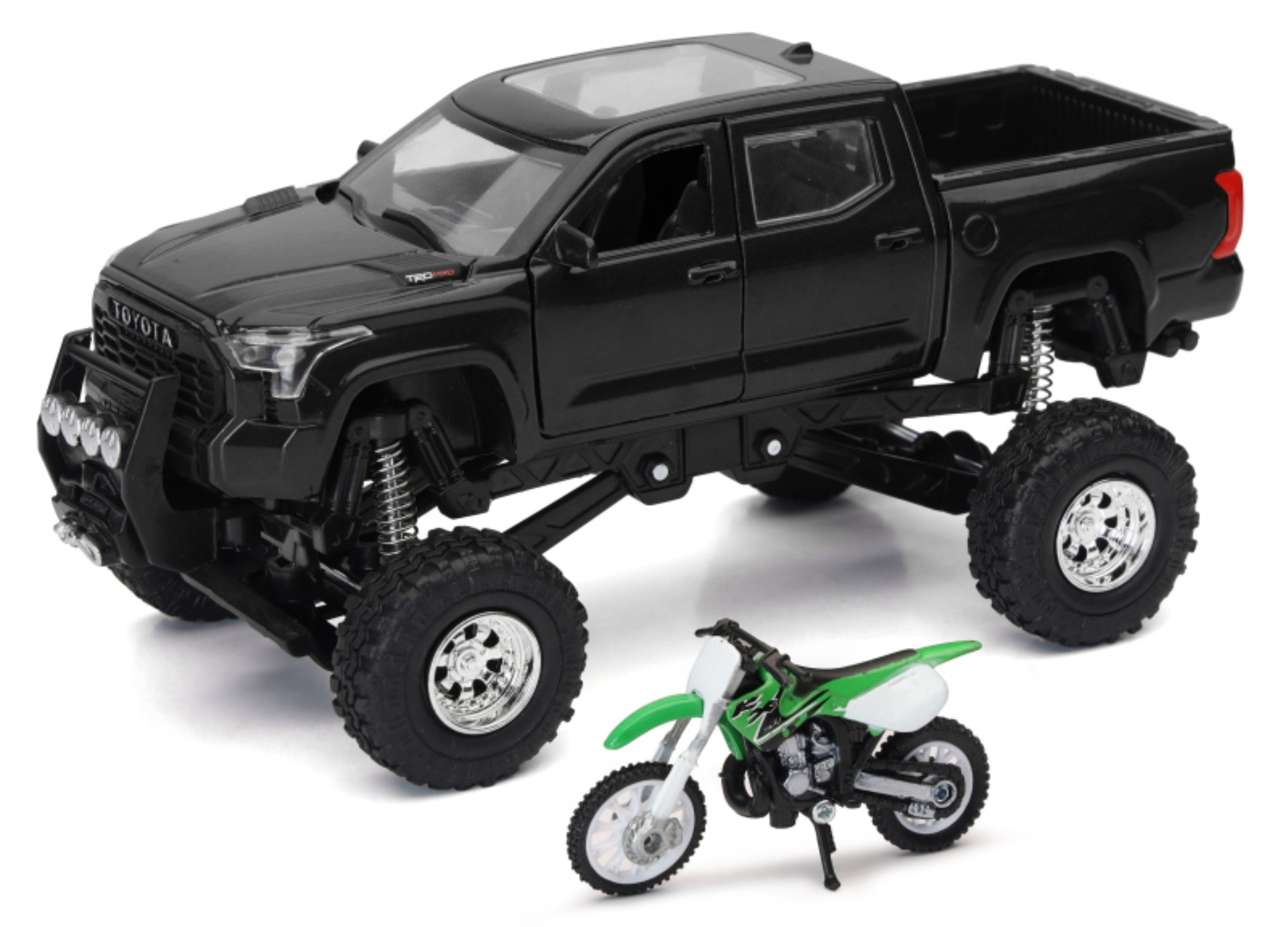 Picture of New Ray Toys Toyota Tundra Pro Lifted Truck Black with Kawasaki Dirt Bike 1:32 Scale