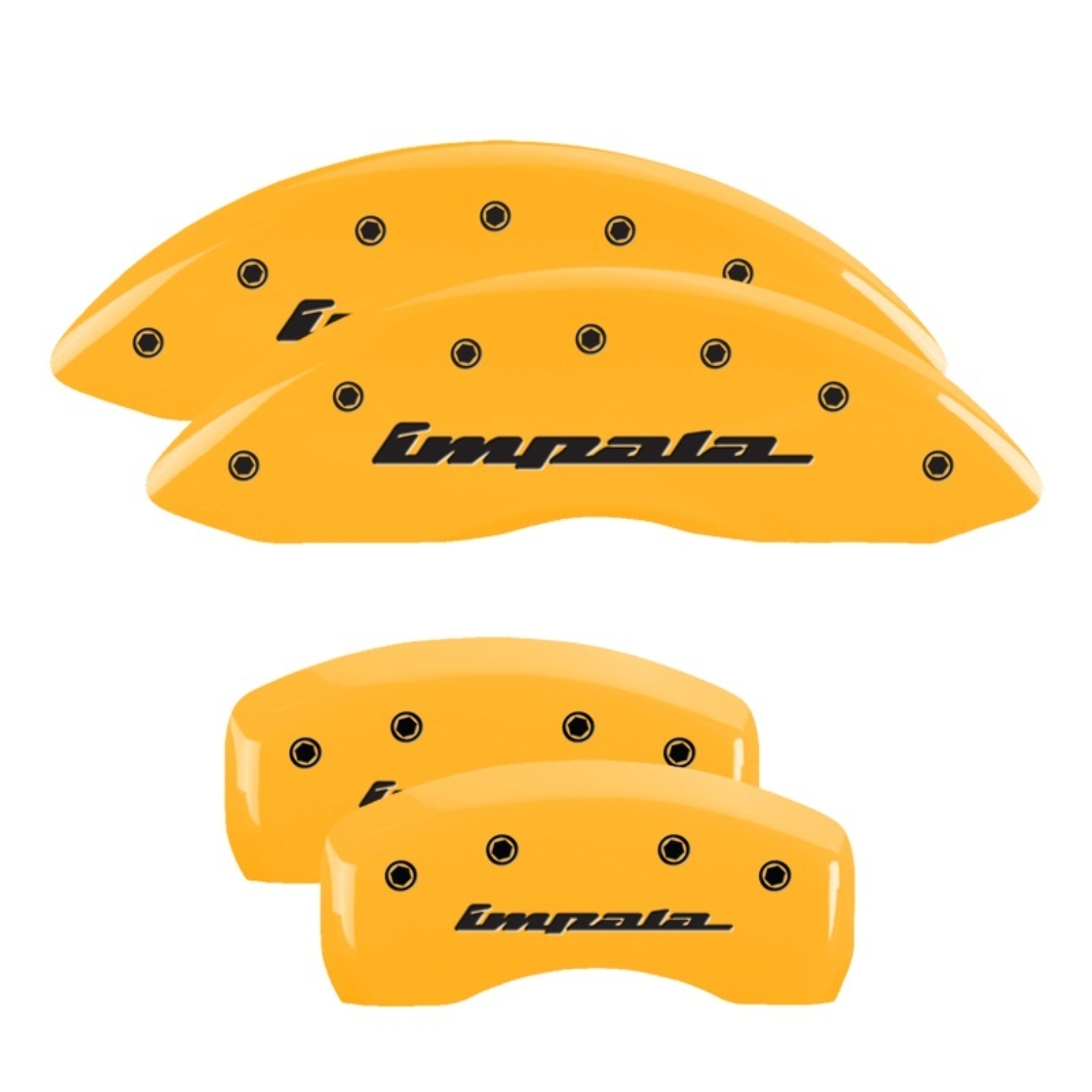 Picture of MGP 4 Caliper Covers Engraved Front & Rear Impala Yellow finish black ch