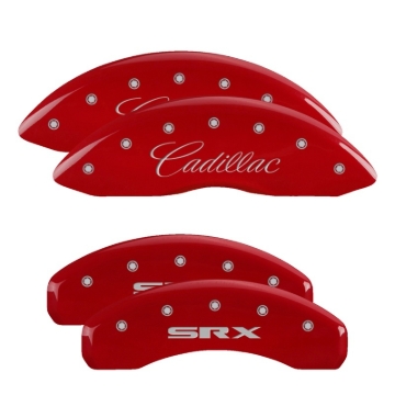 Picture of MGP 4 Caliper Covers Engraved Front Cursive/Cadillac Engraved Rear SRX Red finish silver ch