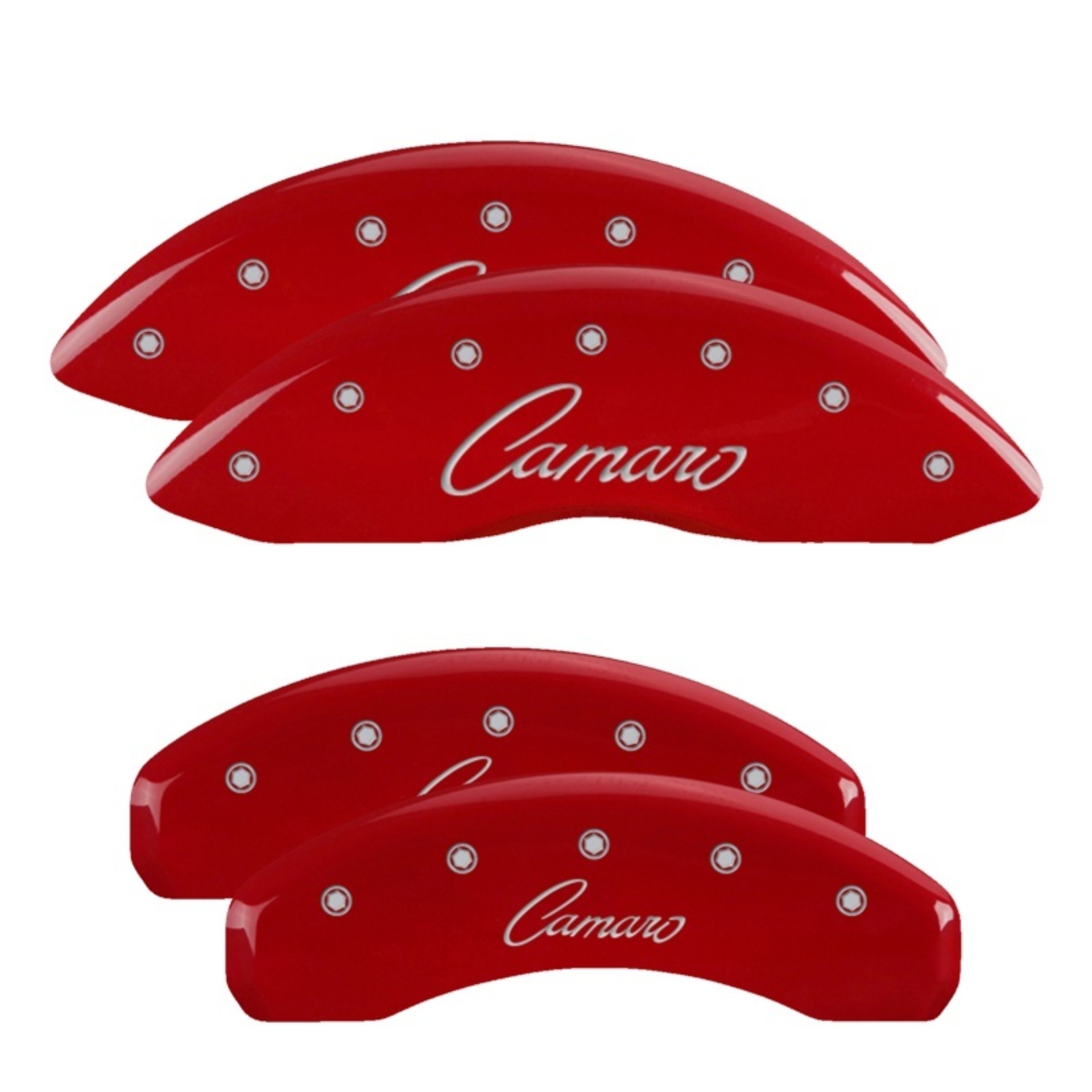 Picture of MGP 4 Caliper Covers Engraved Front & Rear Cursive/Camaro Red finish silver ch