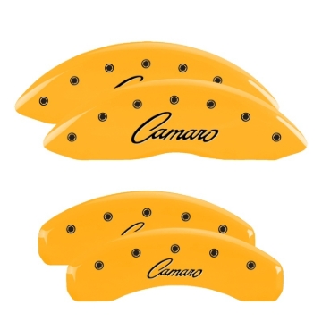 Picture of MGP 4 Caliper Covers Engraved Front & Rear Cursive/Camaro Yellow finish black ch