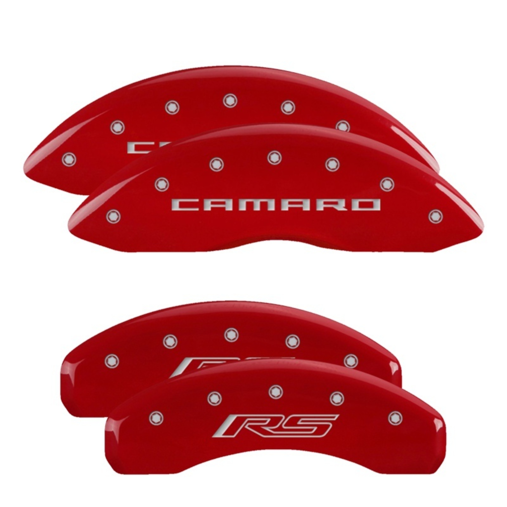 Picture of MGP 4 Caliper Covers Engraved Front Gen 5/Camaro Engraved Rear Gen 5/RS Red finish silver ch