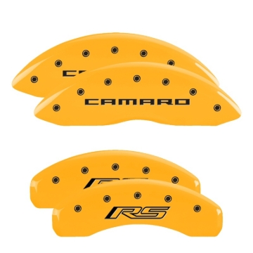 Picture of MGP 4 Caliper Covers Engraved Front Gen 5/Camaro Engraved Rear Gen 5/RS Yellow finish black ch