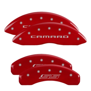 Picture of MGP 4 Caliper Covers Engraved Front Gen 5/Camaro Engraved Rear Gen 5/SS Red finish silver ch