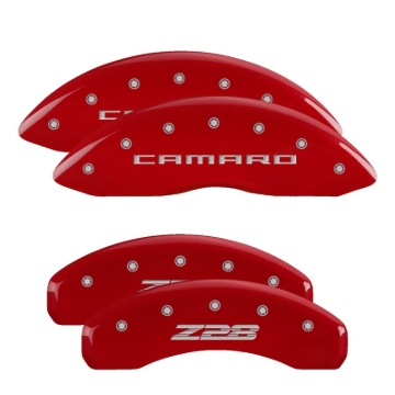 Picture of MGP 4 Caliper Covers Engraved Front Gen 5/Camaro Engraved Rear Gen 5/Z28 Red finish silver ch