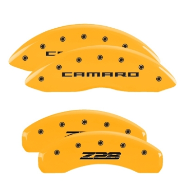 Picture of MGP 4 Caliper Covers Engraved Front Gen 5/Camaro Engraved Rear Gen 5/Z28 Yellow finish black ch
