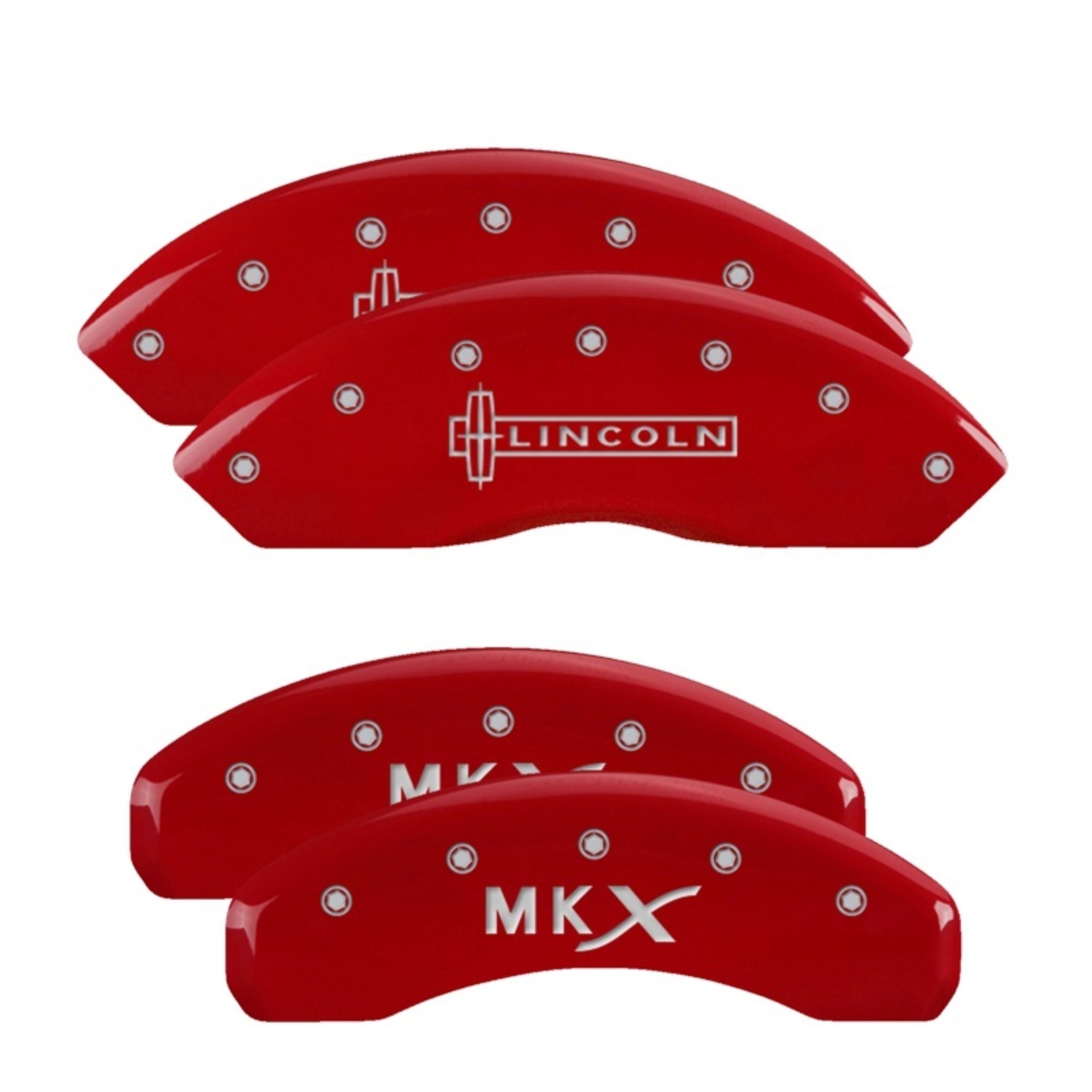 Picture of MGP 4 Caliper Covers Engraved Front Lincoln Engraved Rear MKX Red finish silver ch