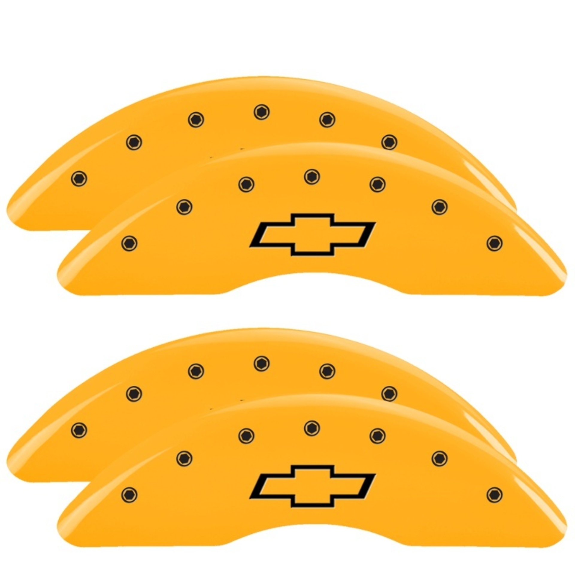 Picture of MGP 4 Caliper Covers Engraved Front & Rear Bowtie Yellow finish black ch