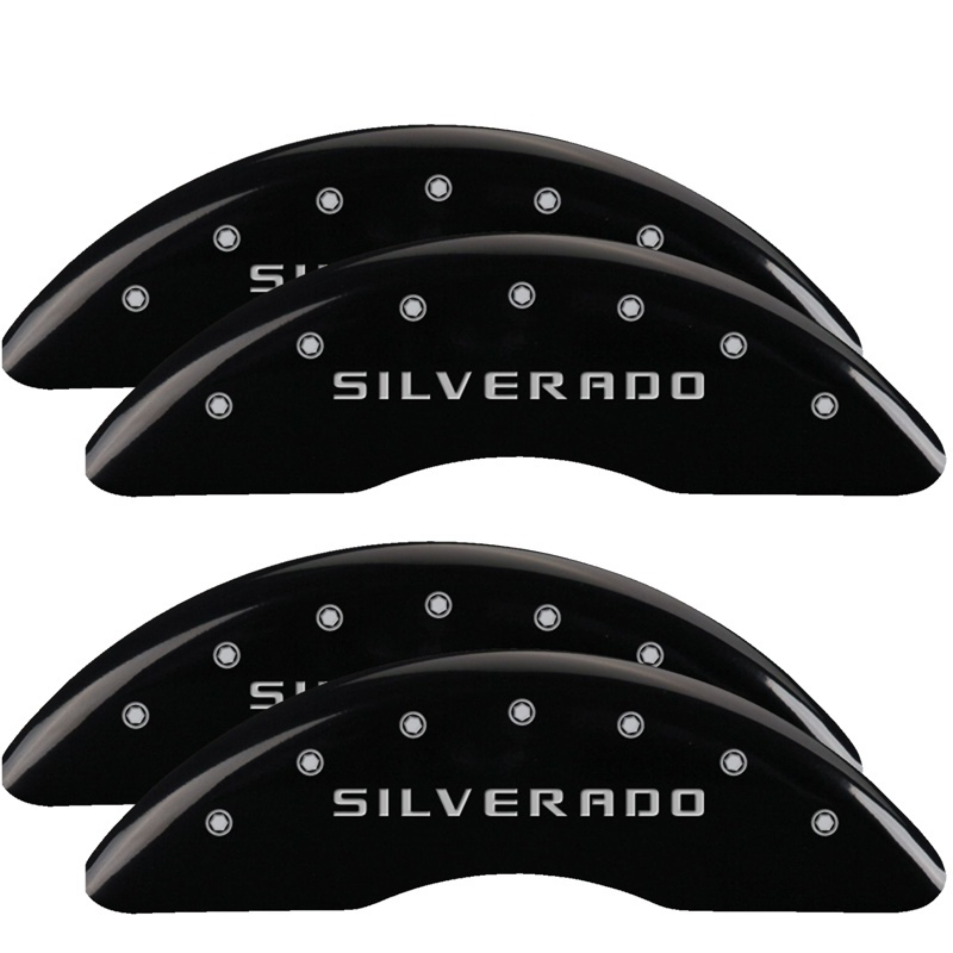 Picture of MGP 4 Caliper Covers Engraved Front & Rear Silverado Black finish silver ch