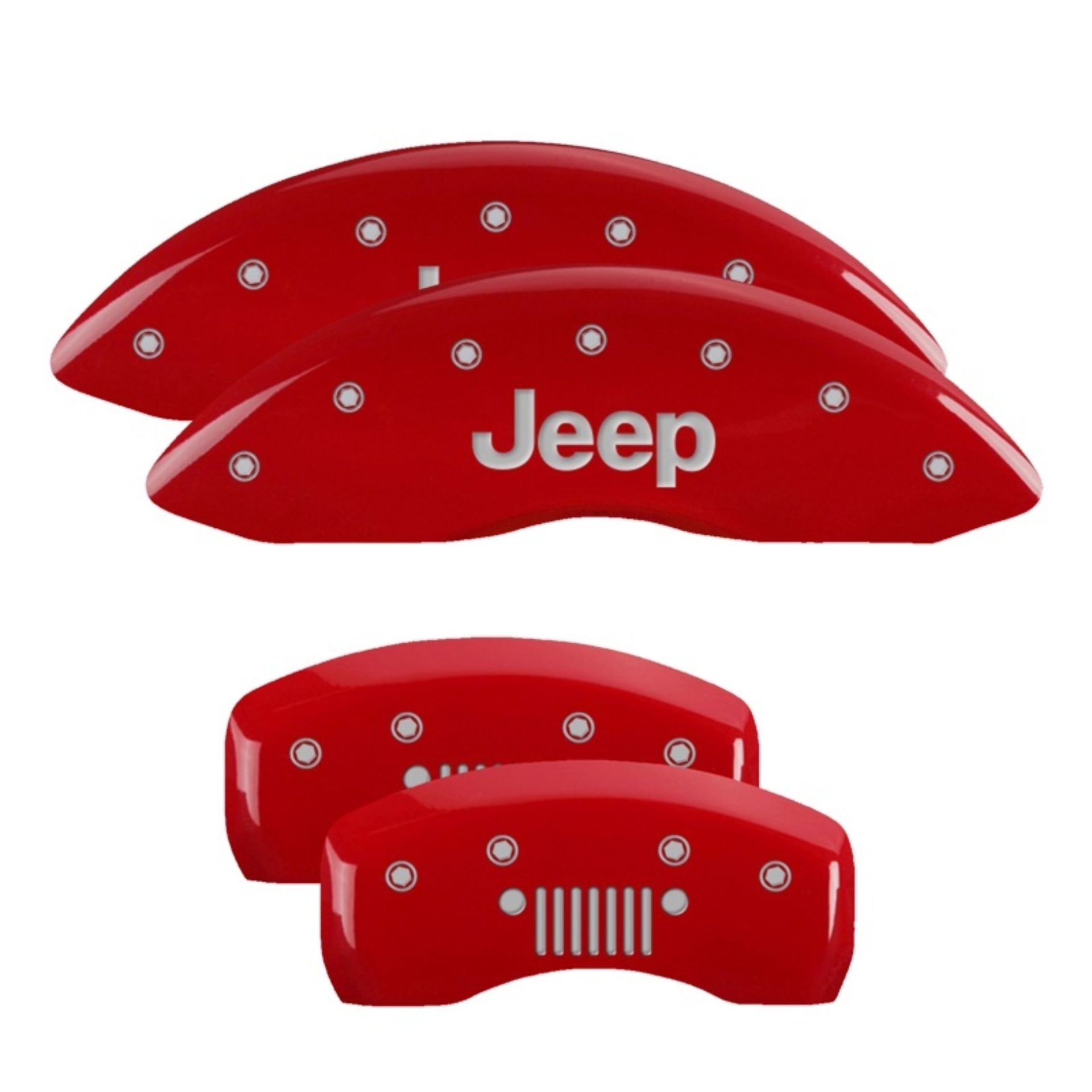 Picture of MGP 4 Caliper Covers Engraved Front & Rear 20-26 Jeep Gladiator - Red w/ JEEP & Grill Logo