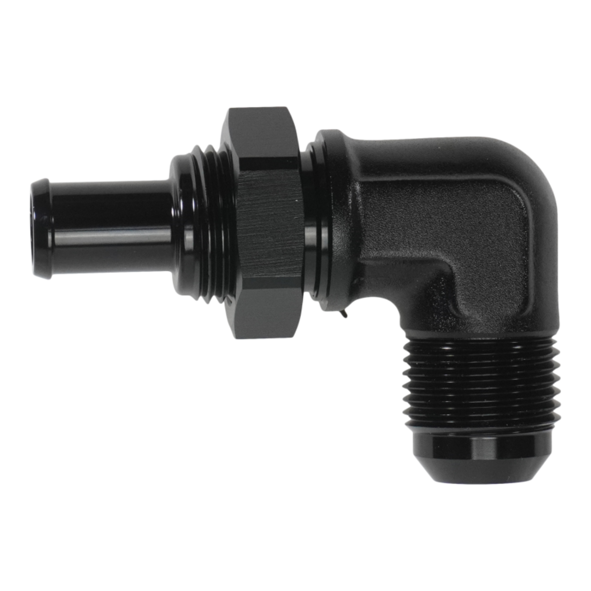 Picture of DeatschWerks 10AN Male Flare Bulkhead to 1/2in Hose Barb 90-Degree
