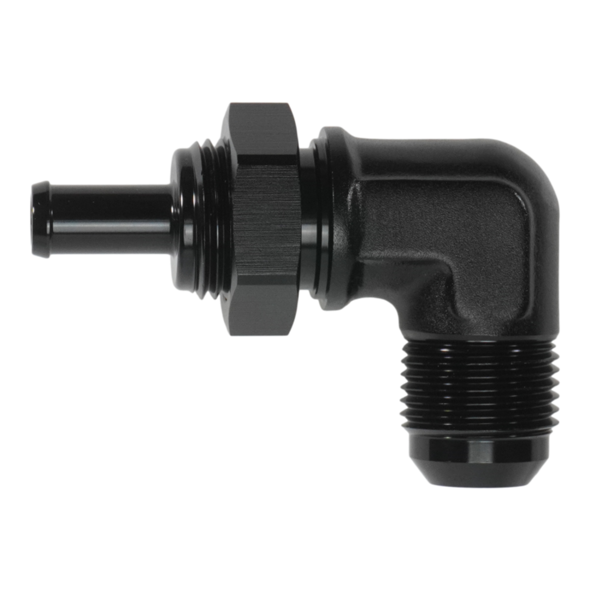 Picture of DeatschWerks 10AN Male Flare Bulkhead to 3/8in Hose Barb 90-Degree