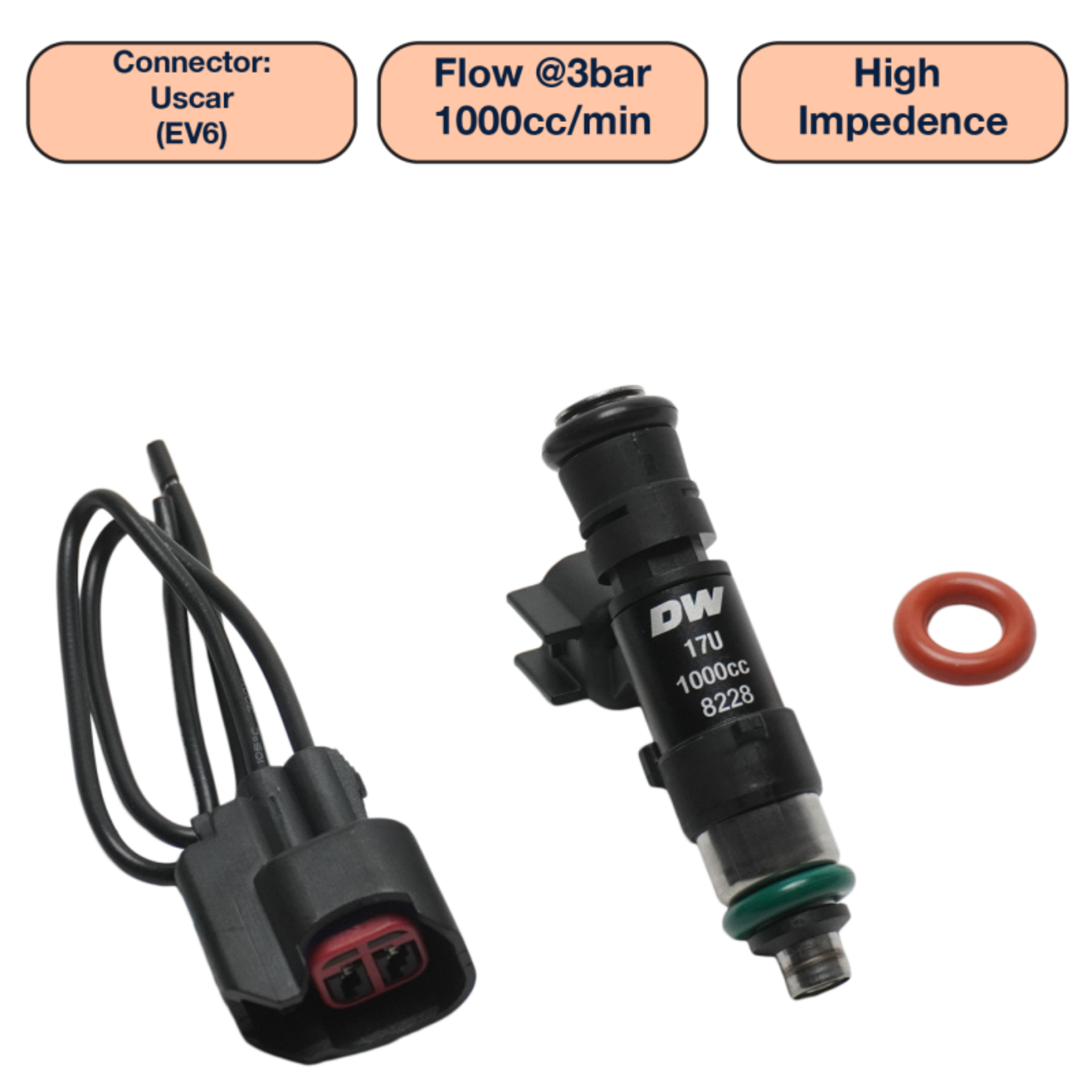 Picture of DeatschWerks Universal 1000cc Single Fuel Injector / 48mm Length / 14mm O-Ring Seals