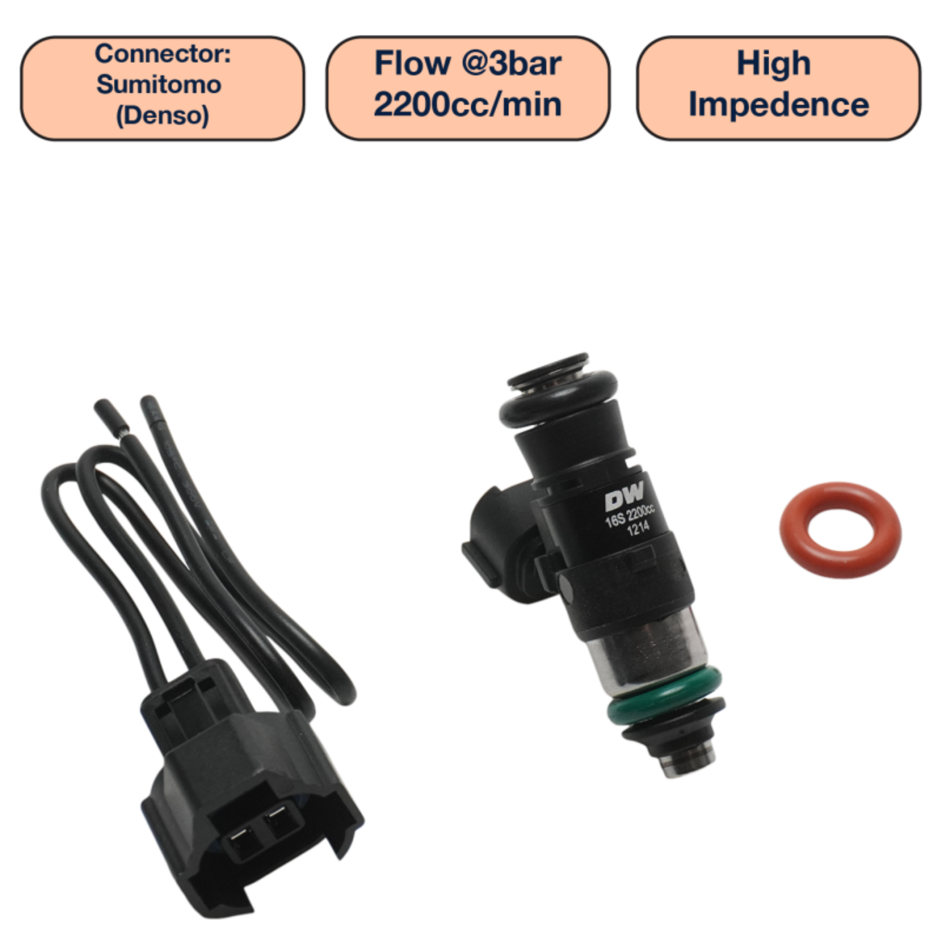 Picture of DeatschWerks Universal 2200cc Single Fuel Injector / 34mm Length / 14mm O-Ring Seals