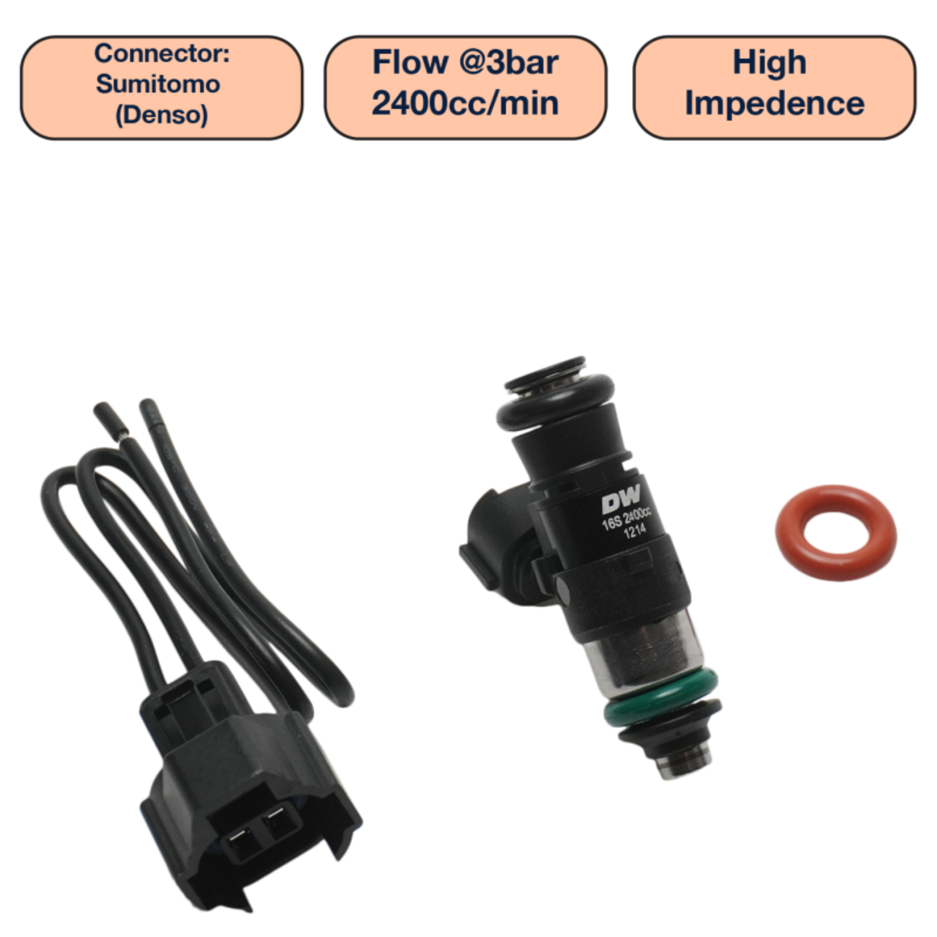 Picture of DeatschWerks Universal 2400cc Single Fuel Injector / 34mm Length / 14mm O-Ring Seals