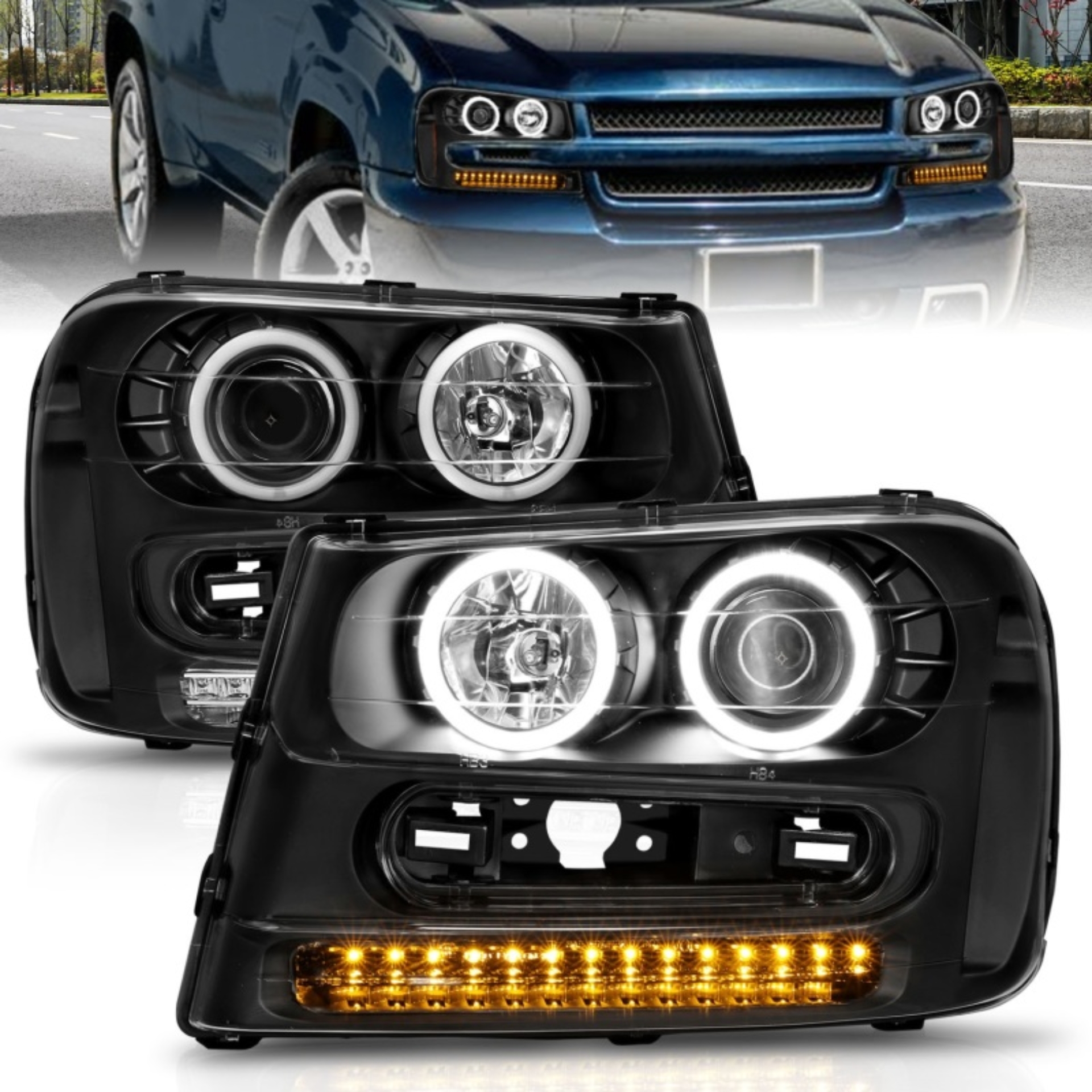 Picture of ANZO 2002-2009 Chevrolet Trailblazer Projector Headlights w/ Halo Black