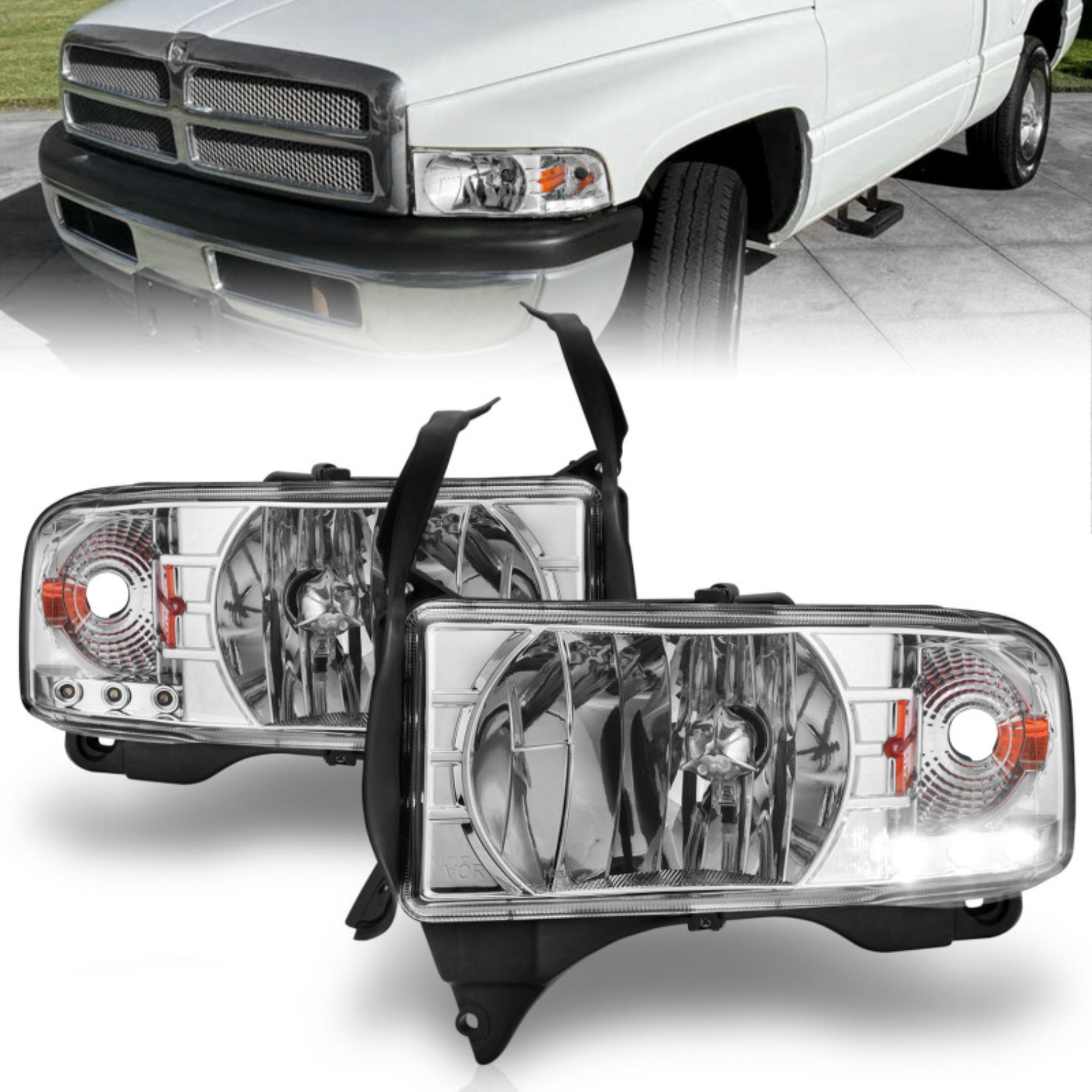 Picture of ANZO 1994-2001 Dodge Ram Crystal Headlights Chrome w/ LED