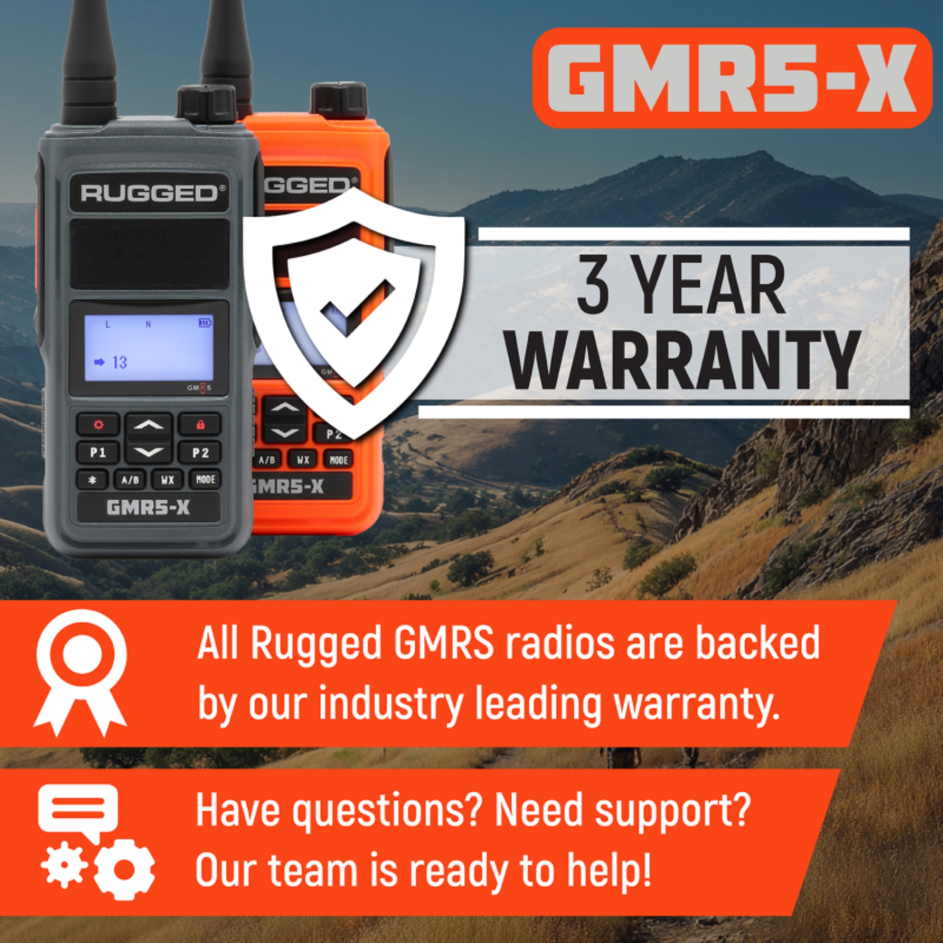 Picture of Rugged Radios Waterproof GMRS Handheld Radio with NOAA Alerts - FM Radio - Safety Orange