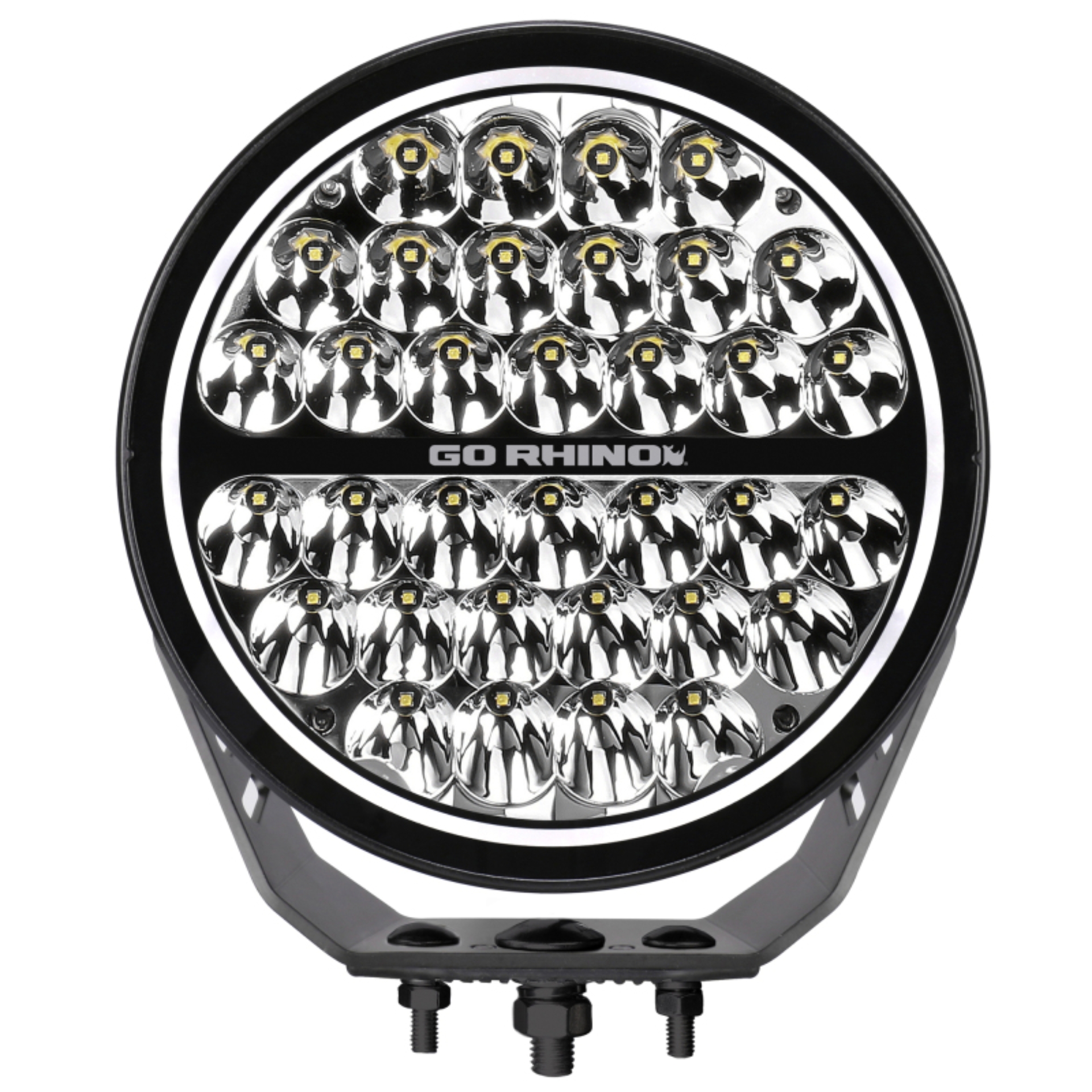 Picture of Go Rhino Xplor Blackout Series Round Single LED Spot Light Kit w/DRL (Surface Mount) 9in. - Blk