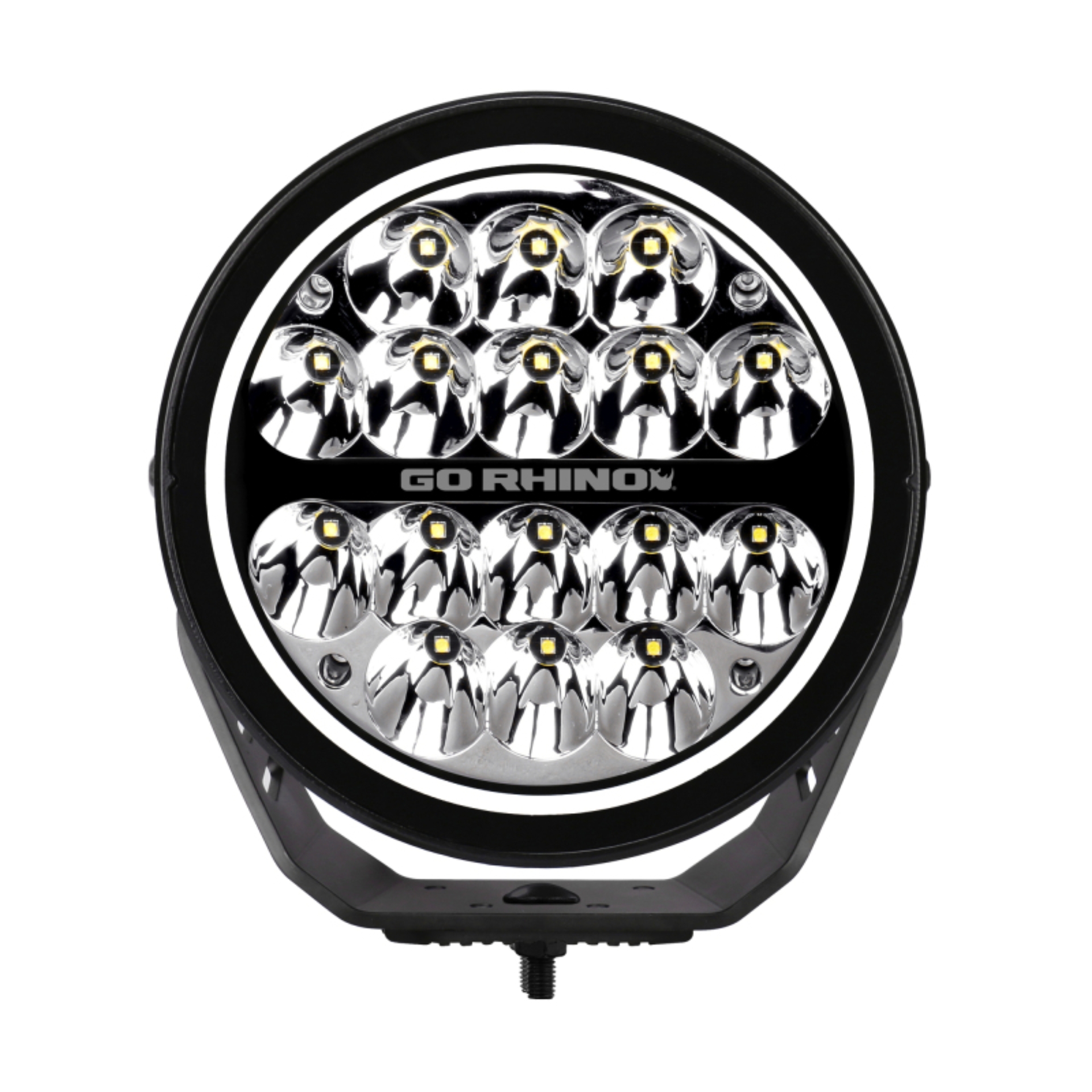 Picture of Go Rhino Xplor Blackout Series Round LED Spot Light Beam w/DRL (Surface/Thread Stud Mnt) 7in. - Blk
