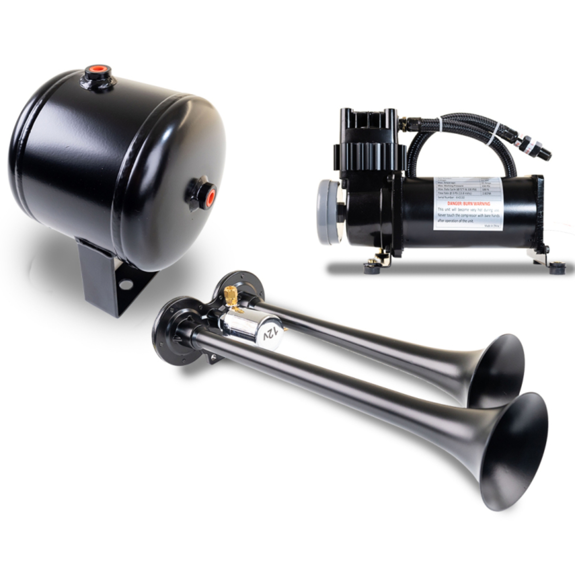 Picture of Kleinn Dual Black Horn Kit w/ 150 PSI Waterproof 0.5 gal Air Tank
