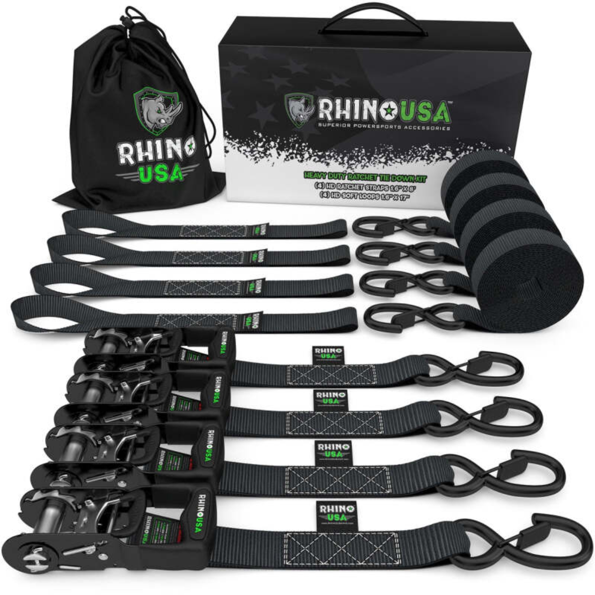 Picture of Rhino USA Heavy Duty Ratchet Tie-Down 4-Pack (Black) 1.6In X 8Ft