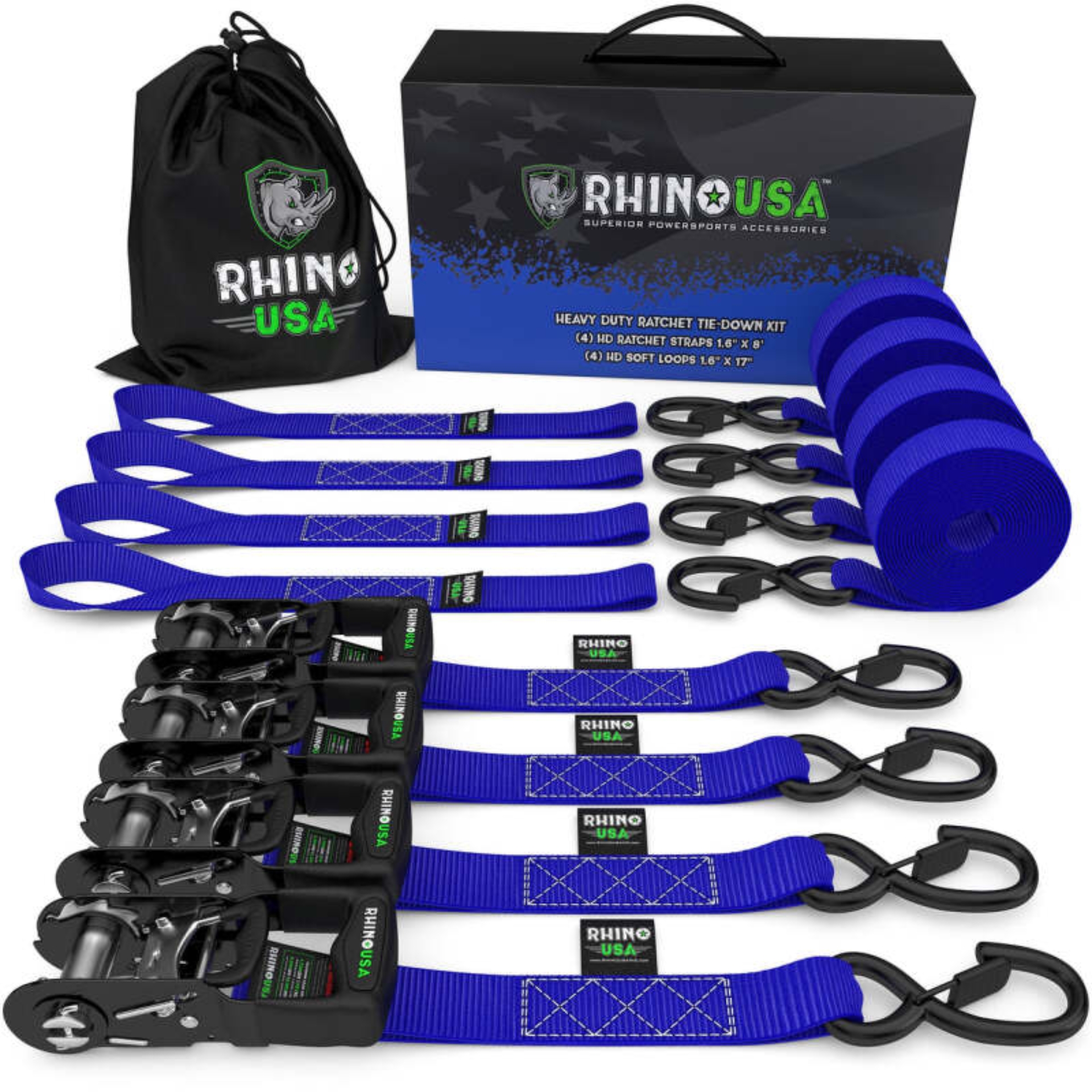 Picture of Rhino USA Heavy Duty Ratchet Tie-Down 4-Pack (Blue) 1.6In X 8Ft