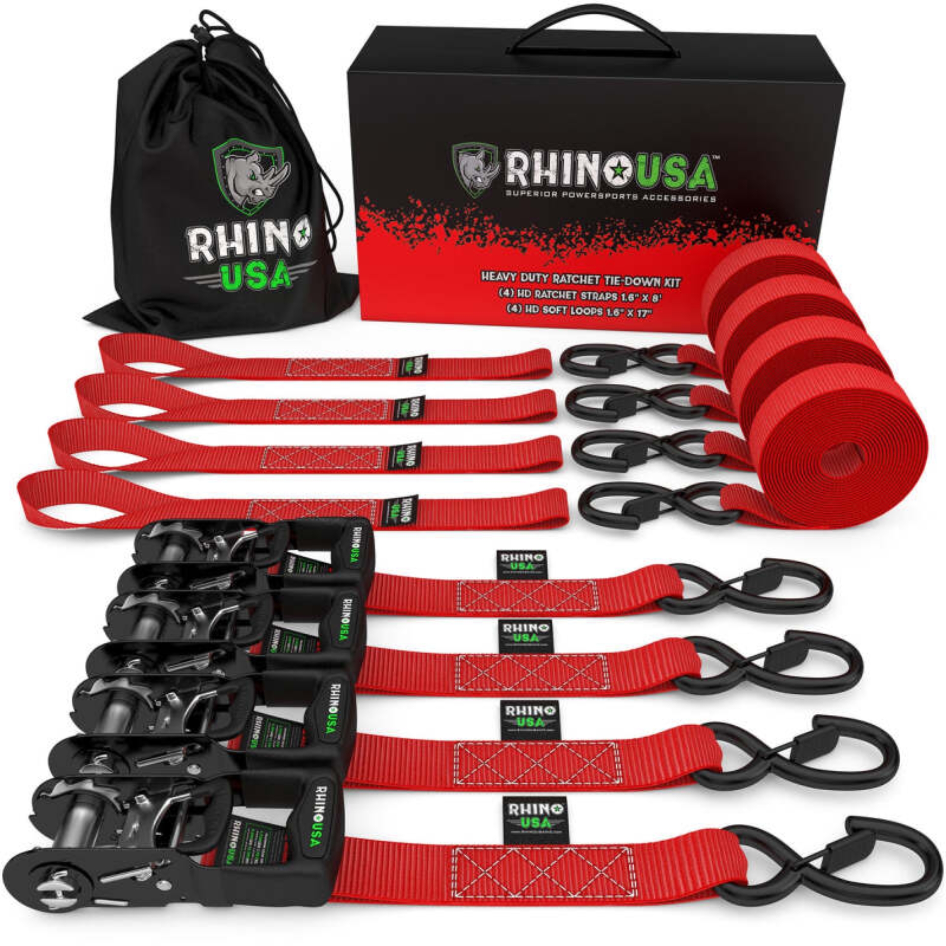 Picture of Rhino USA Heavy Duty Ratchet Tie-Down 4-Pack (Red) 1.6In X 8Ft