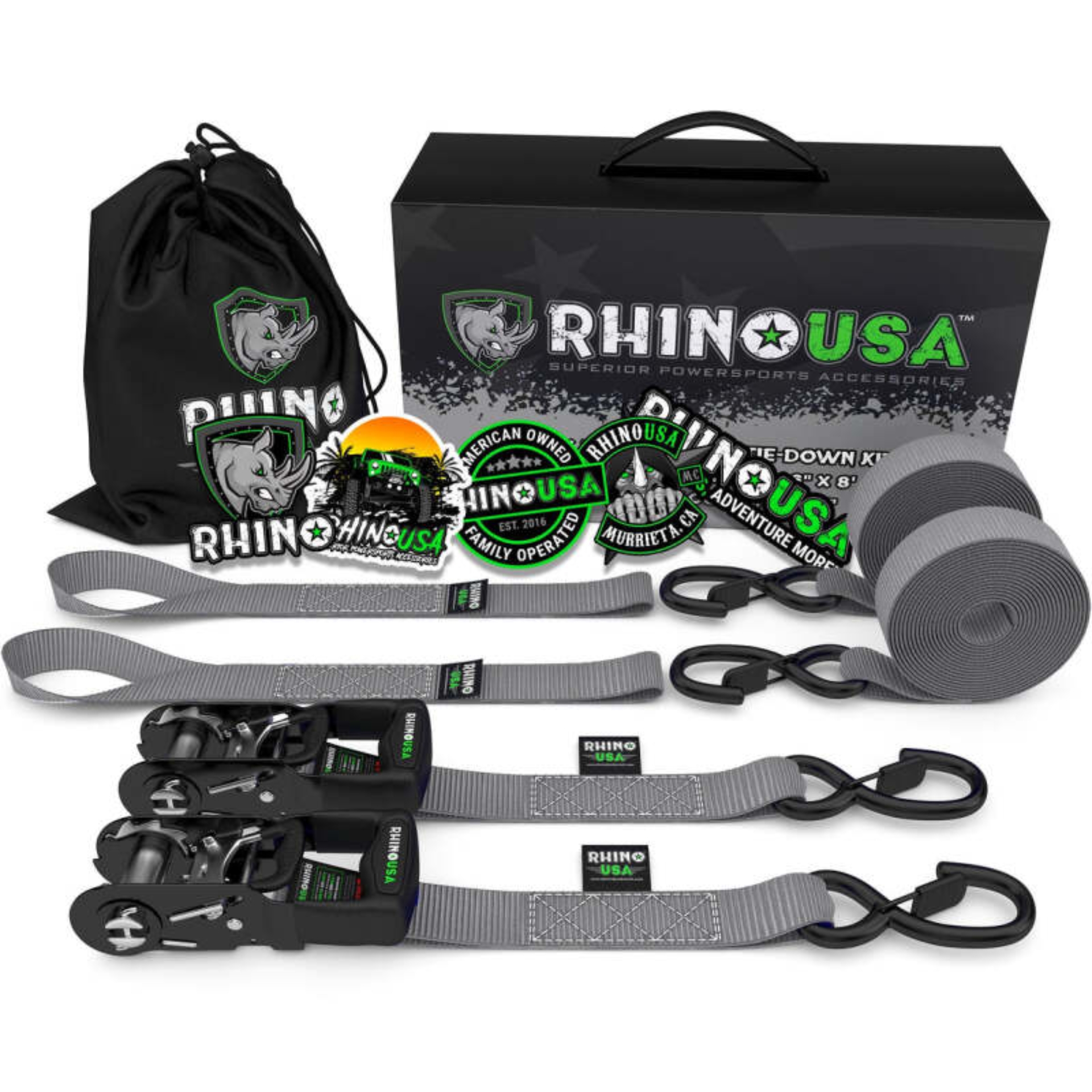 Picture of Rhino USA Heavy Duty Ratchet Tie-Downs 2-Pack (Gray) 1.6In X 8Ft