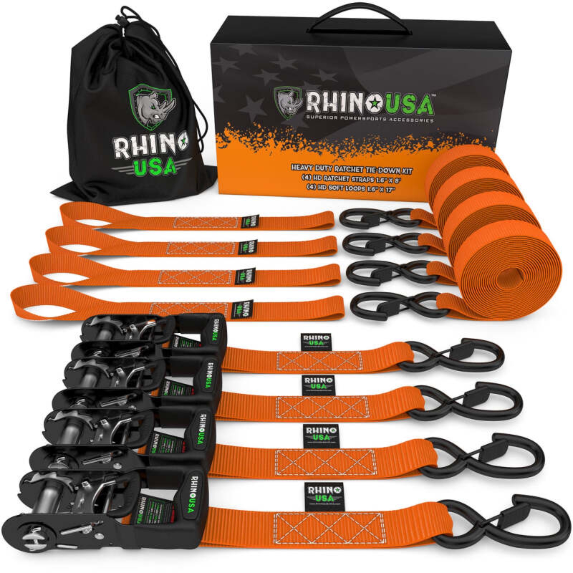 Picture of Rhino USA Heavy Duty Ratchet Tie-Down 4-Pack (Orange) 1.6In X 8Ft