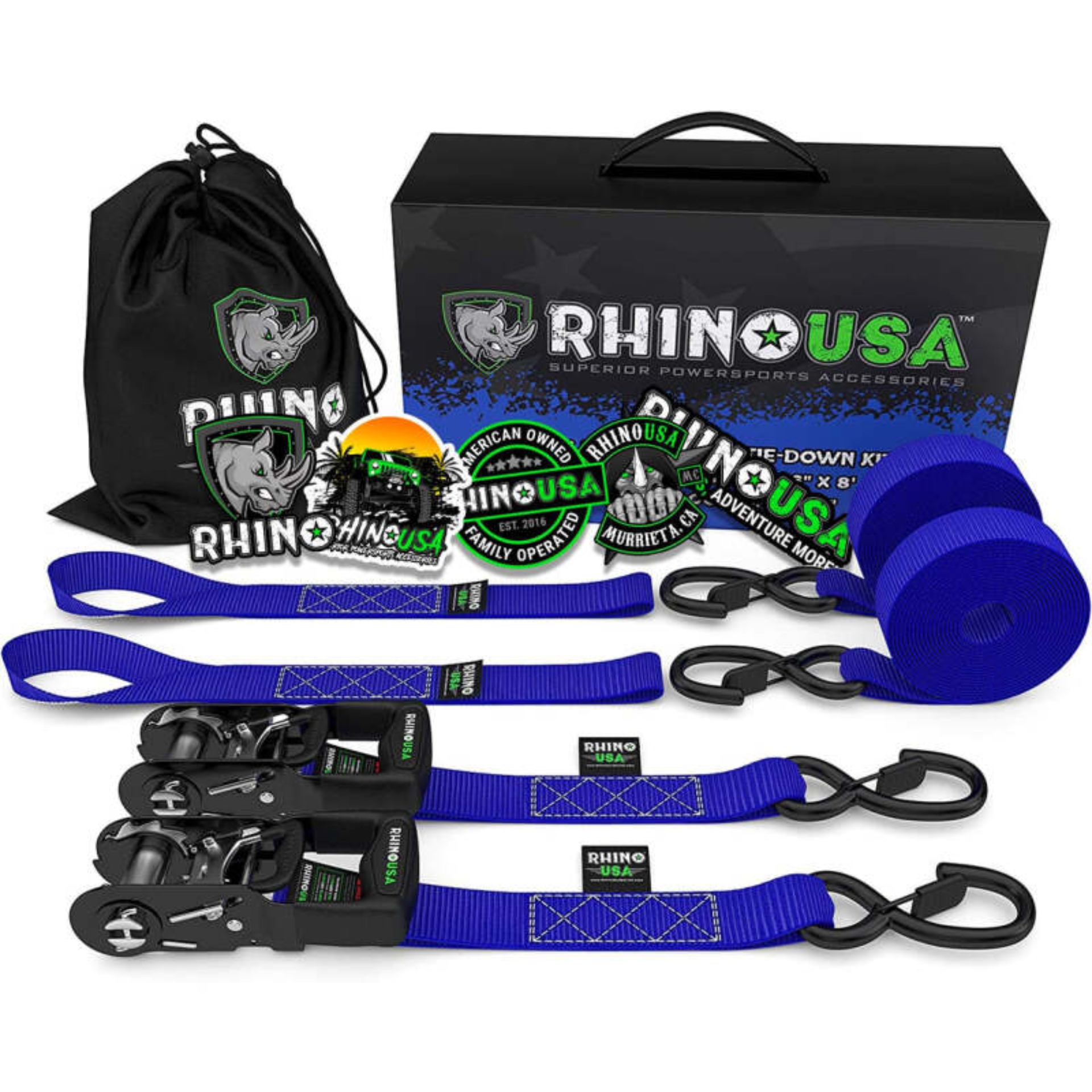 Picture of Rhino USA Heavy Duty Ratchet Tie-Downs 2-Pack (Blue) 1.6In X 8Ft