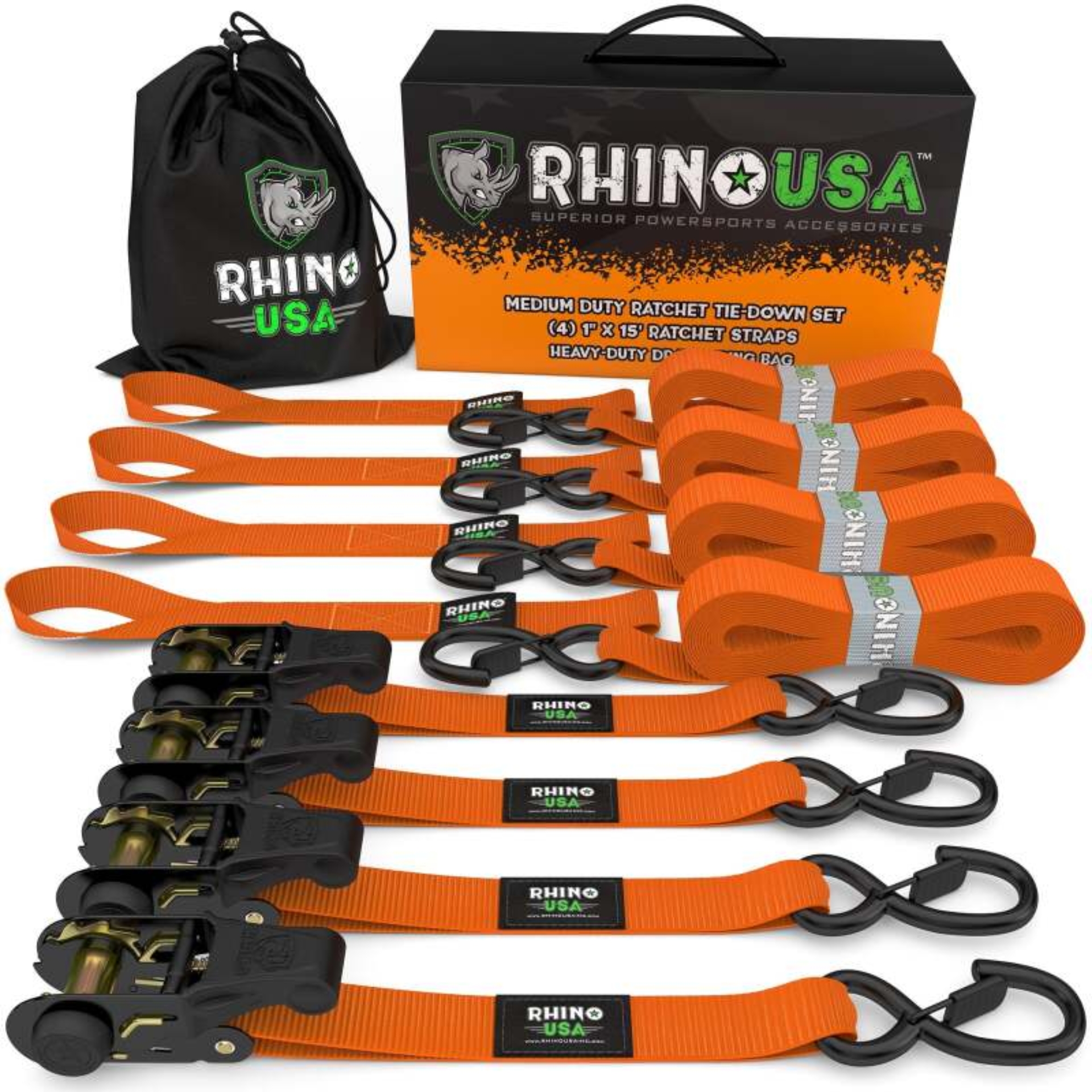 Picture of Rhino USA Medium Duty Ratchet Strap Tie-Down 4-Pack (Orange)