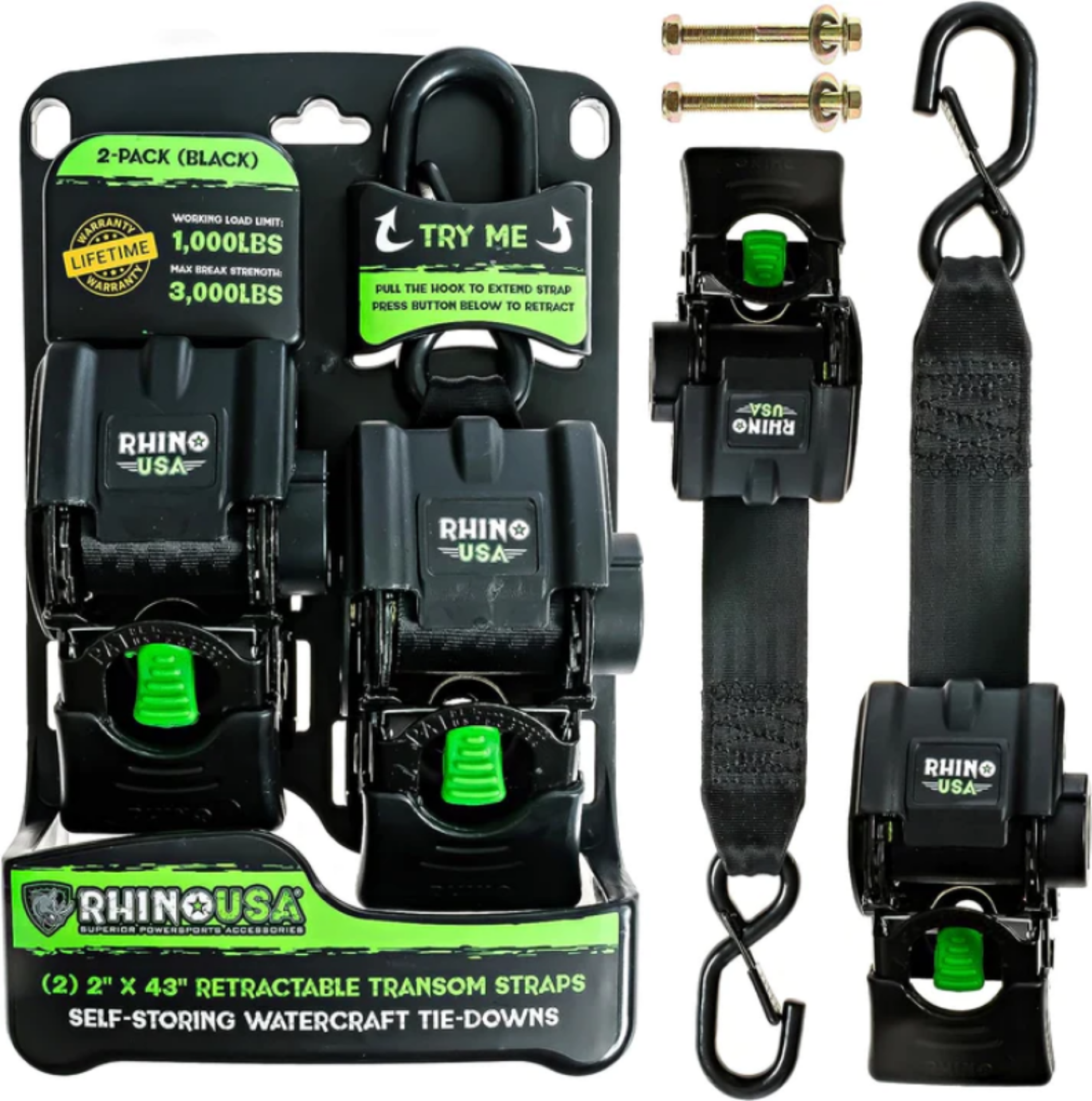 Picture of Rhino USA Retractable Transom Straps (2 Pack-Black)