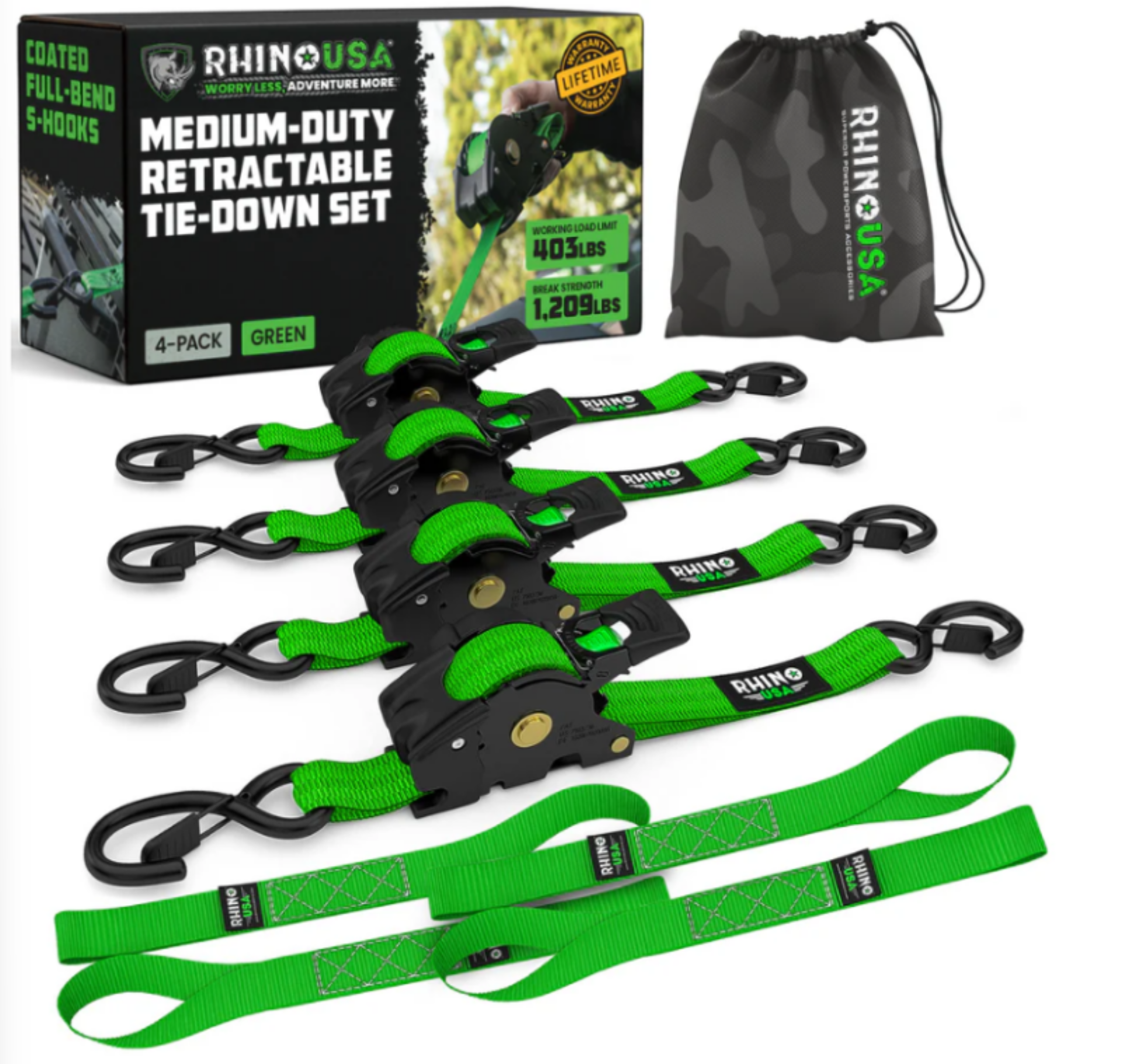 Picture of Rhino USA Retractable Ratchet Straps (4Pk 1Inx10Ft) (Green)