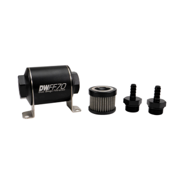 Picture of DeatschWerks Stainless Steel 5/16in 100 Micron Universal Inline Fuel Filter Housing Kit (70mm)