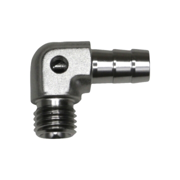 Picture of DeatschWerks Metric M12 to 3/8in Hose Barb 90-Degree Fitting w/ Venturi Port - Anodized DW Titanium