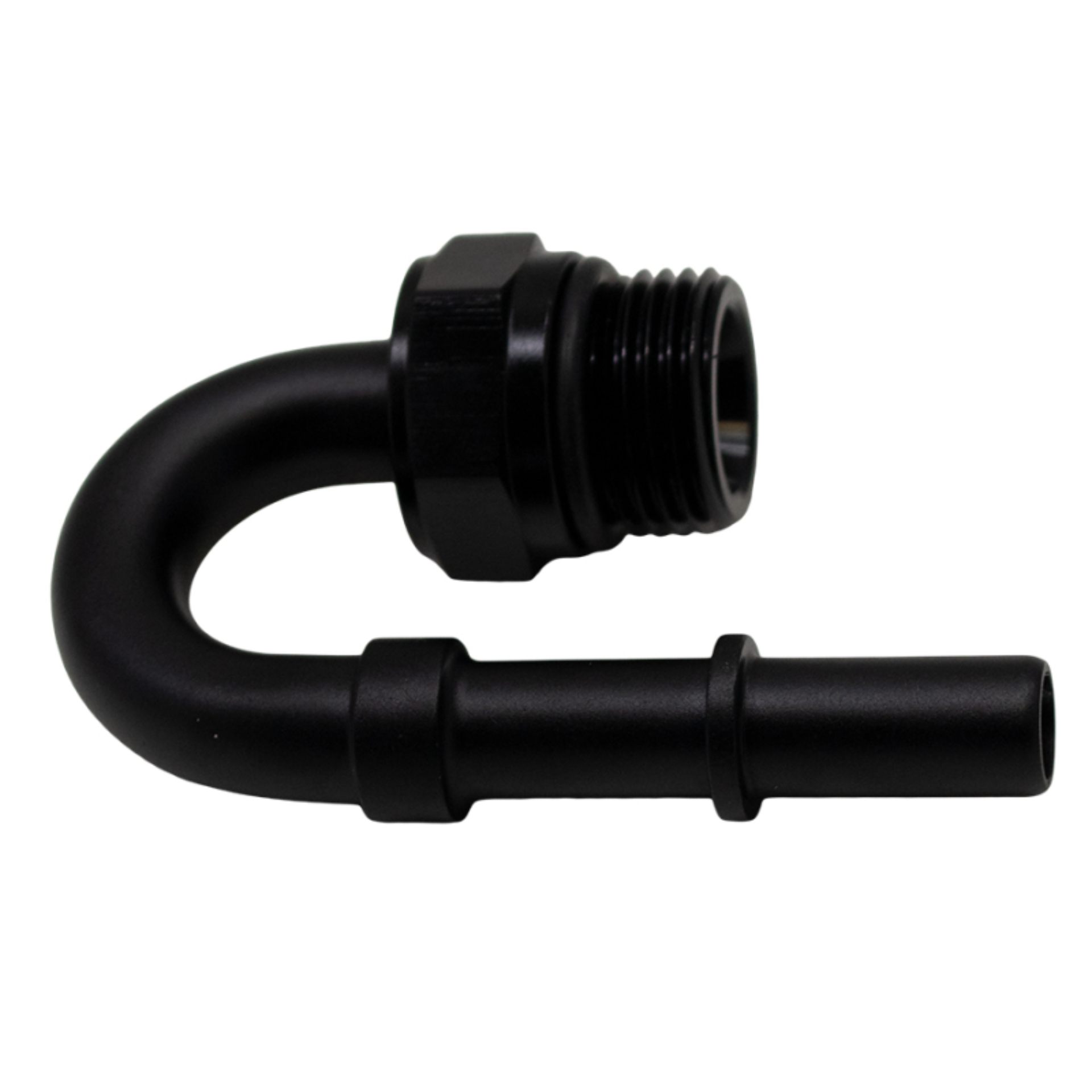 Picture of DeatschWerks 8AN ORB Male to 3/8in Male EFI Quick Connect Adapter 180-Degree - Anodized Matte Black