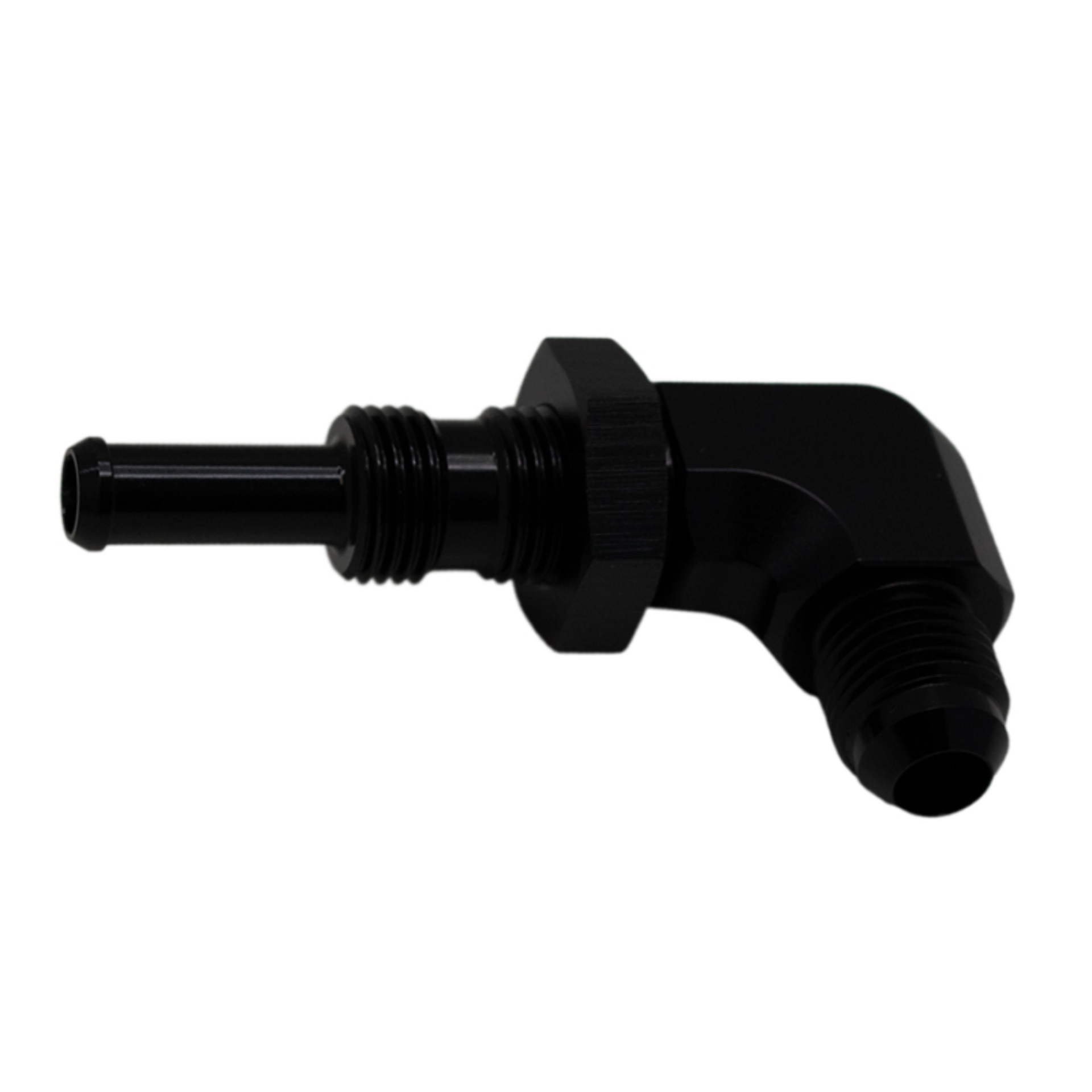 Picture of DeatschWerks 6AN Male Flare to 5/16in Male Barb Bulkhead Adapter 90-Degree - Anodized Matte Black