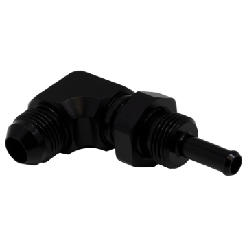 Picture of DeatschWerks 8AN Male Flare to 5/16in Male Barb Bulkhead Adapter 90-Degree - Anodized Matte Black