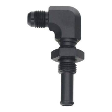 Picture of DeatschWerks 6AN Male Flare to 90-Degree 3/8in Single Hose Barb - Anodized Matte Black